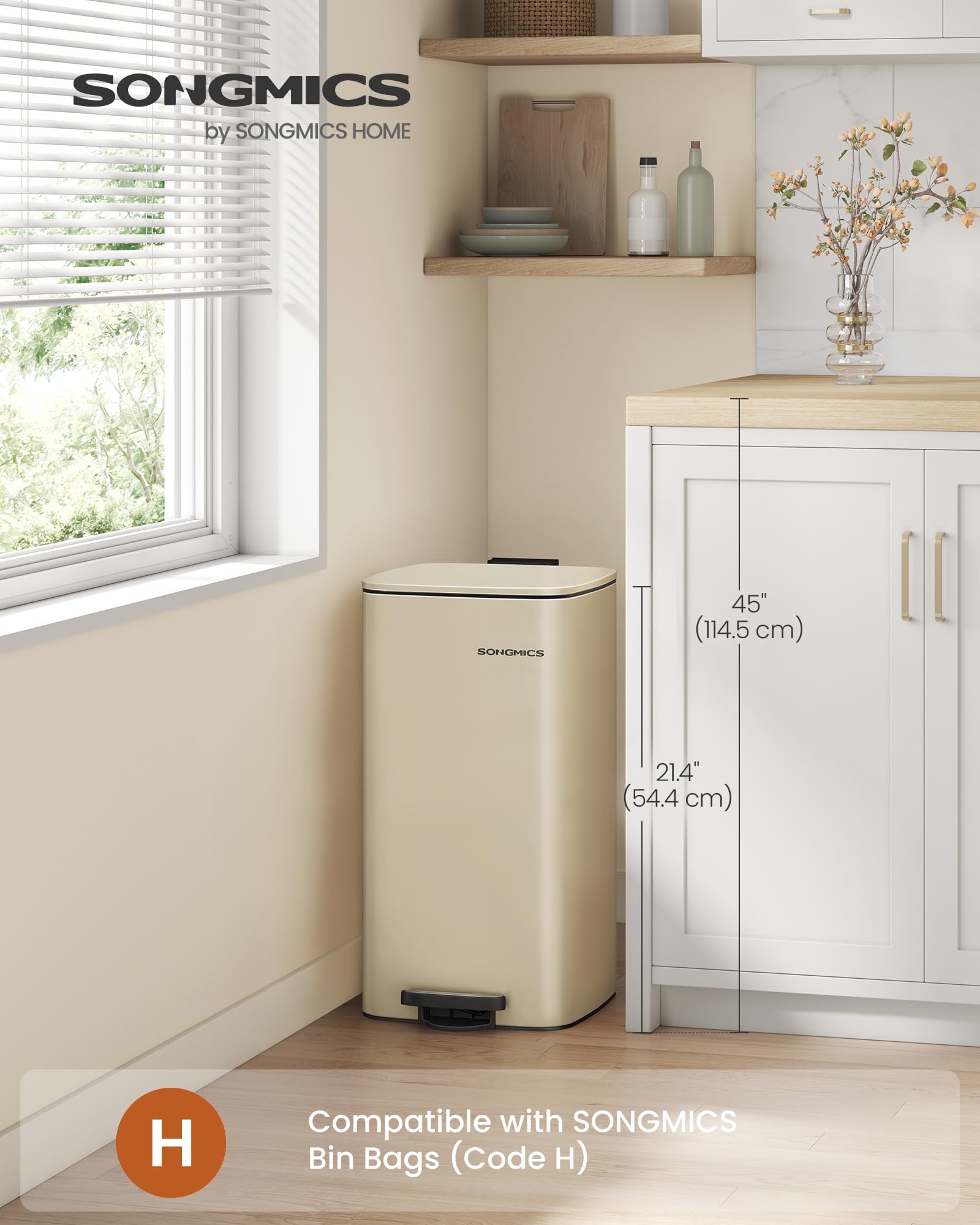SONGMICS Stainless Steel Pedal Bin - 30L Capacity | Sand Beige | Soft Close 2