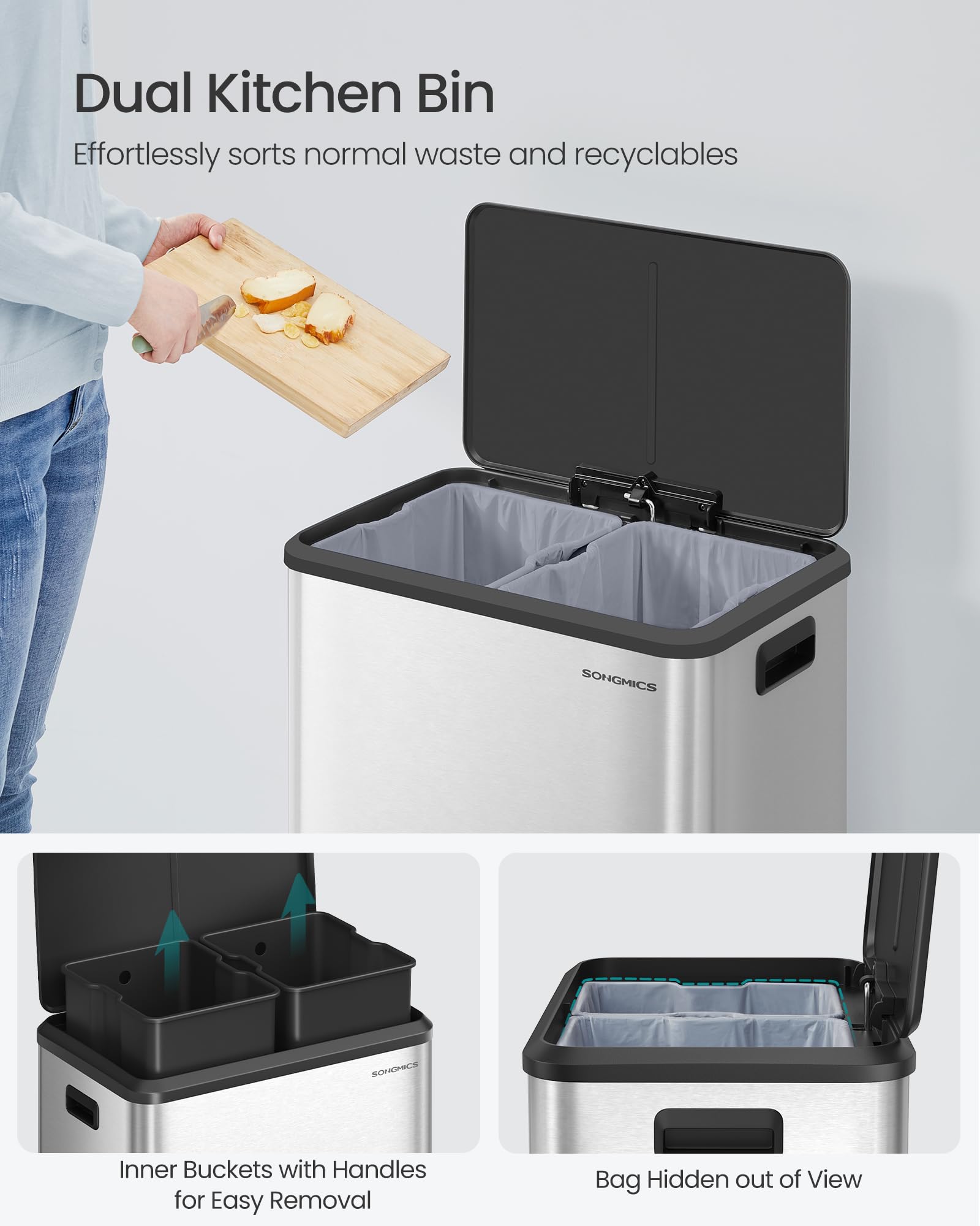 SONGMICS Kitchen Bin - Double Compartment Recycling System | 2 x 30 L Capacity | Stainless Steel 4