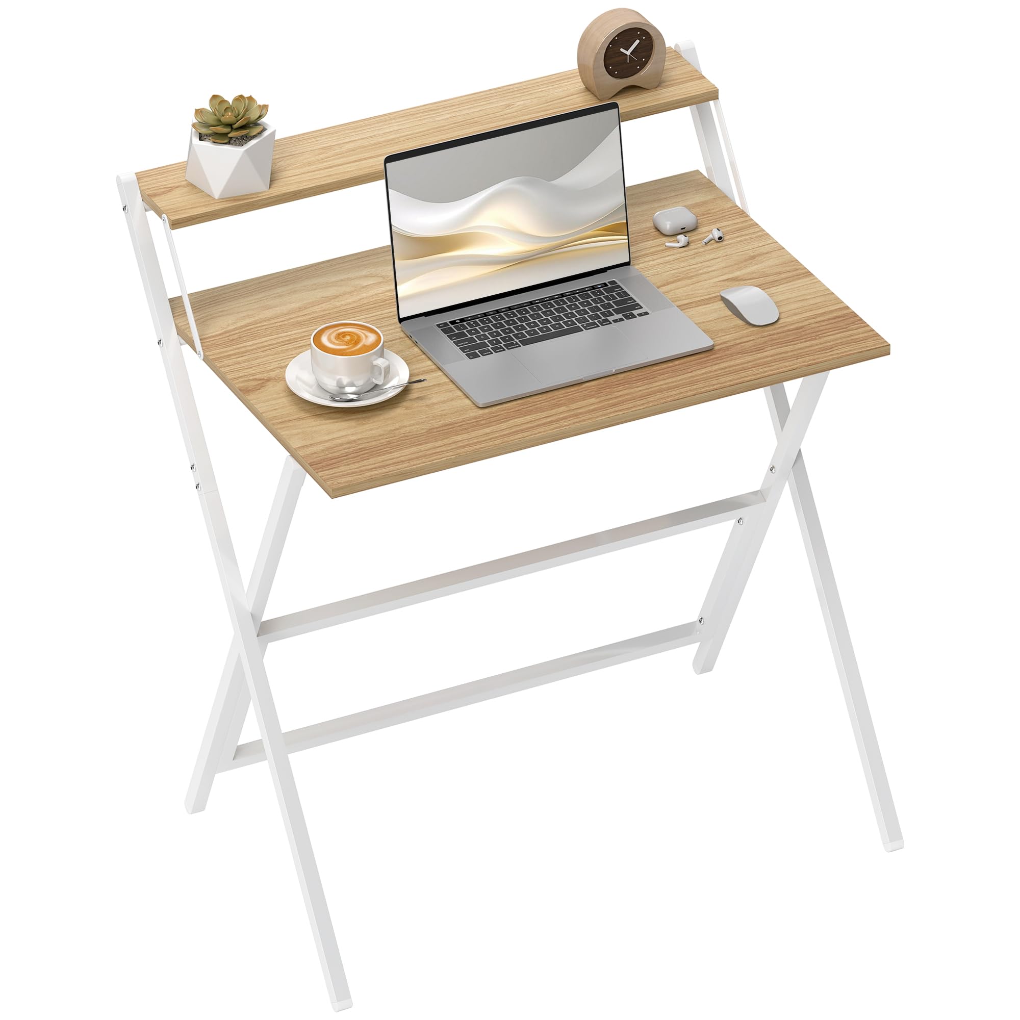 HOMCOM Folding Desk with Monitor Shelf - 81.5 cm Wide, Compact, Foldable | Natural Wood Finish