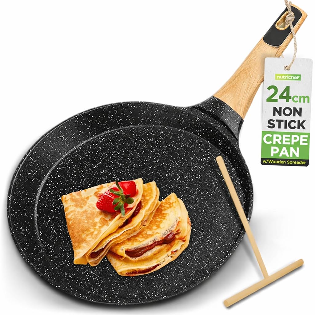 Nutrichef Non-Stick Crepe Pan 24cm Marble Coated with Wooden Spreader | Induction Base | PFOA/PFOS Free 1