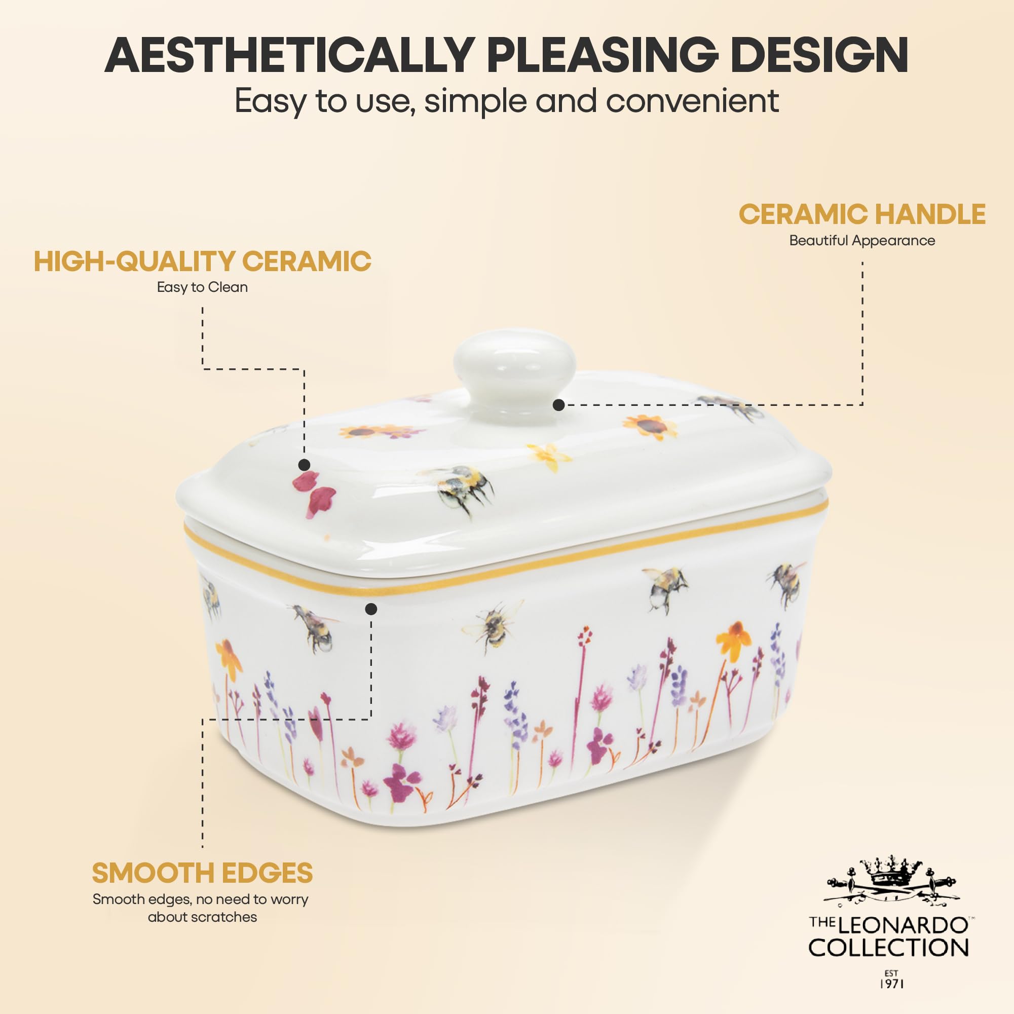 The Leonardo Collection Jennifer Rose Busy Bees Ceramic Butter Dish with Lid | 170x90x100mm | Dishwasher Safe 5