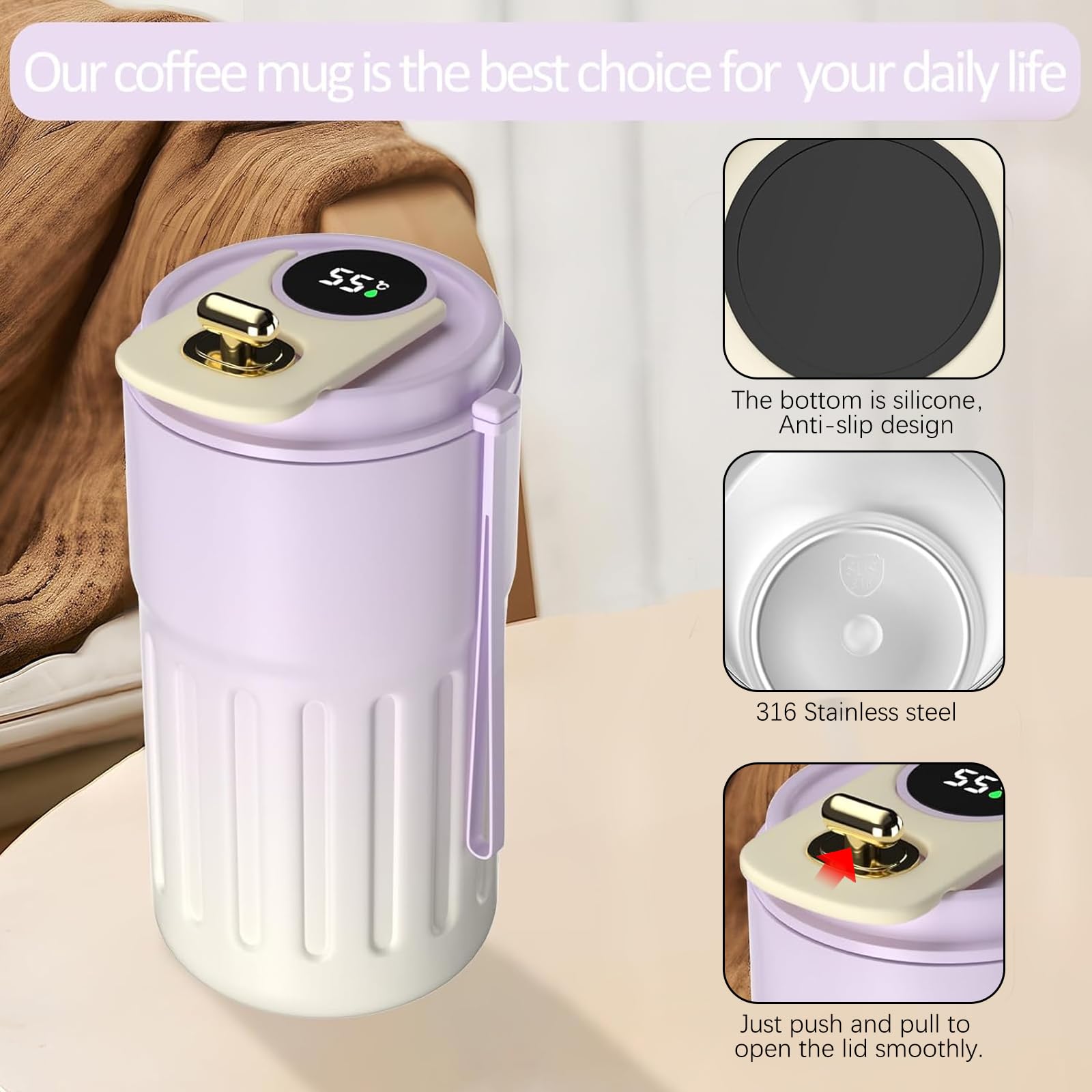 Homealexa Vacuum Insulated Coffee Travel Mug with LED Temperature Display | 410 ml | Gradient Purple 5