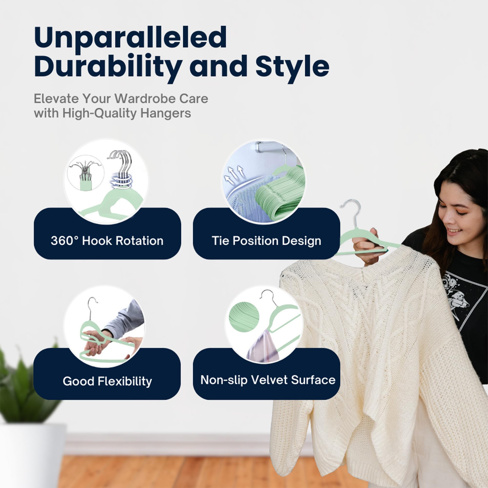 Sasha Morel Velvet Coat Hangers - 50 Pack Non-Slip Space Saving with Swivel Hooks | Mint Green 6