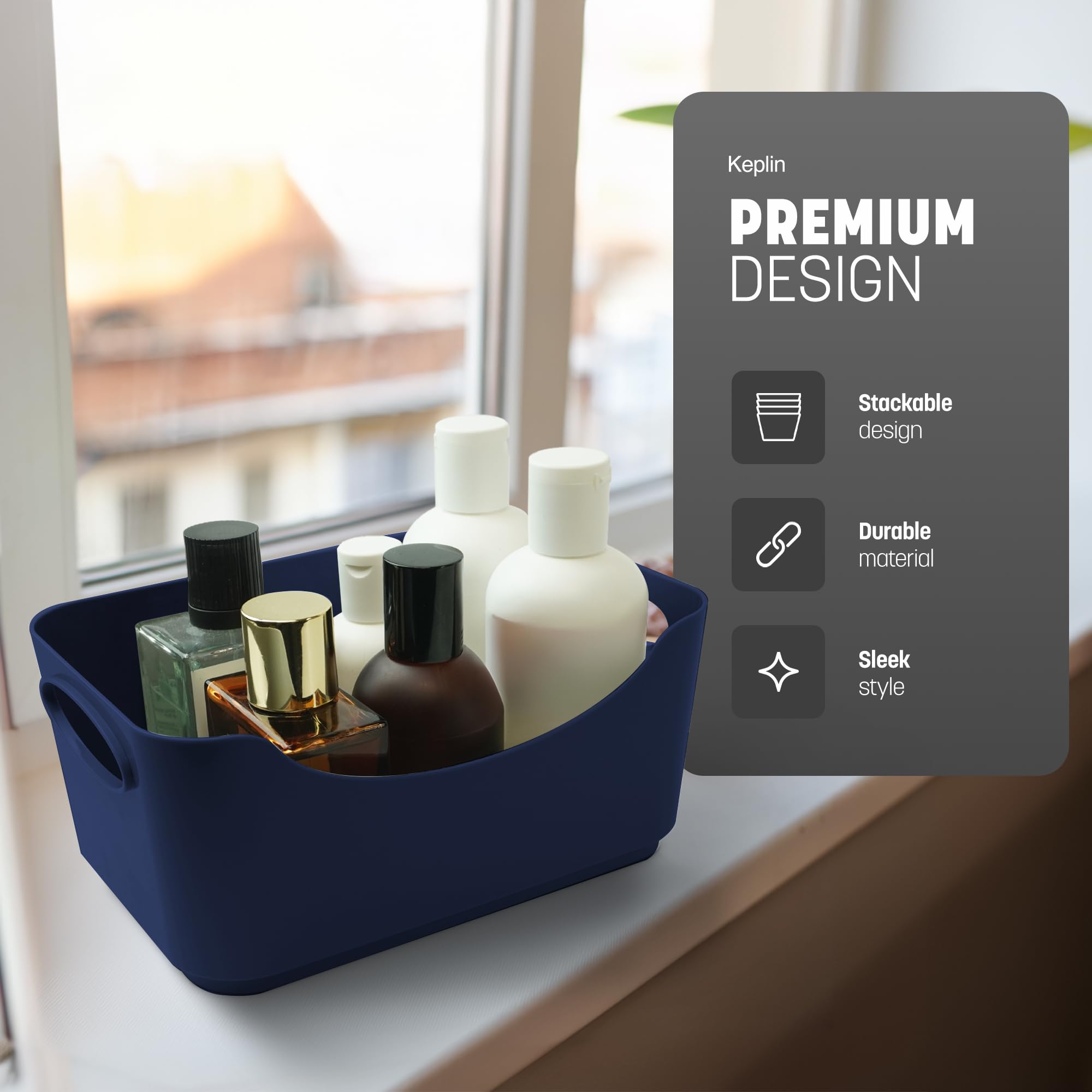 KEPLIN Plastic Studio Shelf Baskets with Handles - 5 Pack, Navy, 22.3 x 14.8 x 10 cm 3