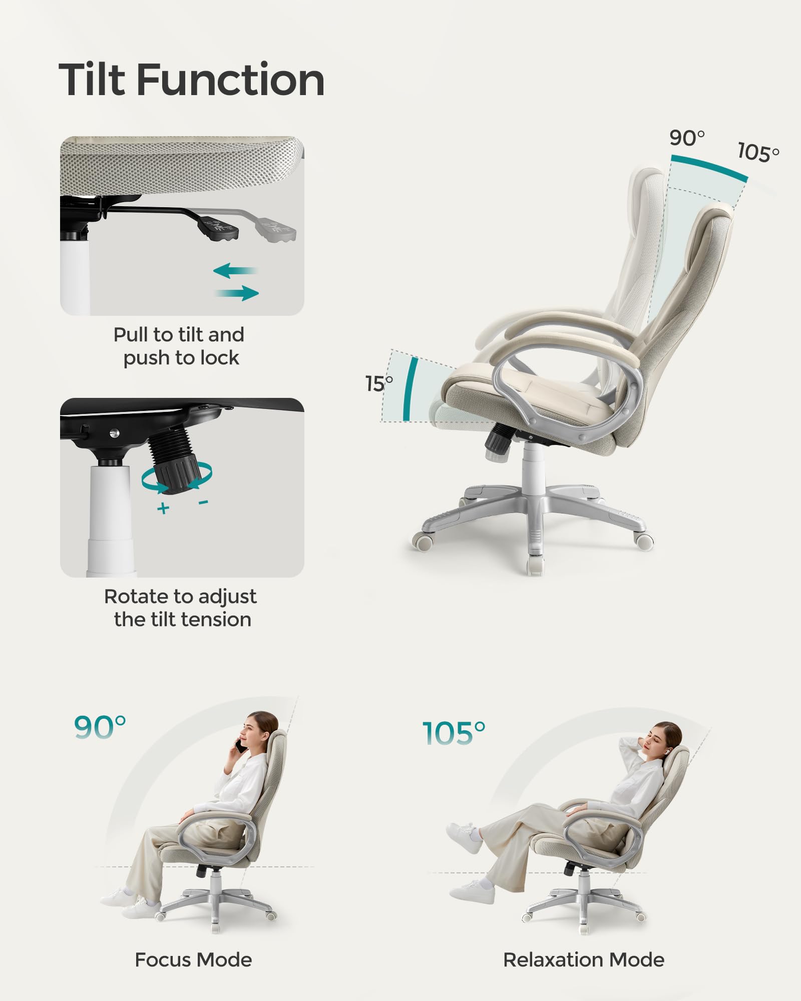 SONGMICS Ergonomic Swivel Desk Chair - Adjustable Height, Silent Castors, Cream White | OBG022W11 6
