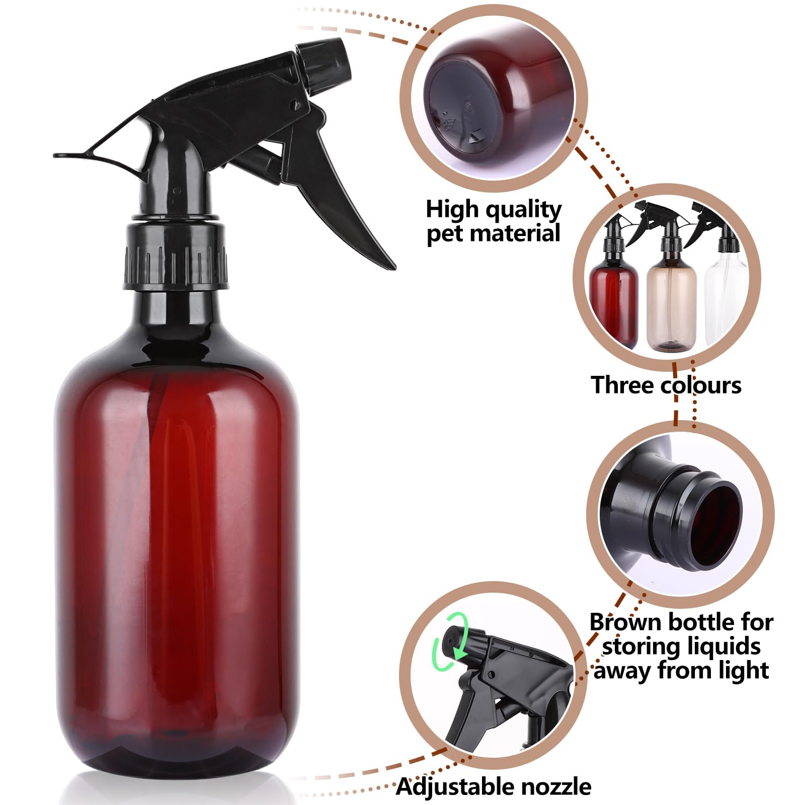 ASelected 3-Pack 500ml Reusable PET Spray Bottles | Adjustable Trigger | Amber Tinted 3