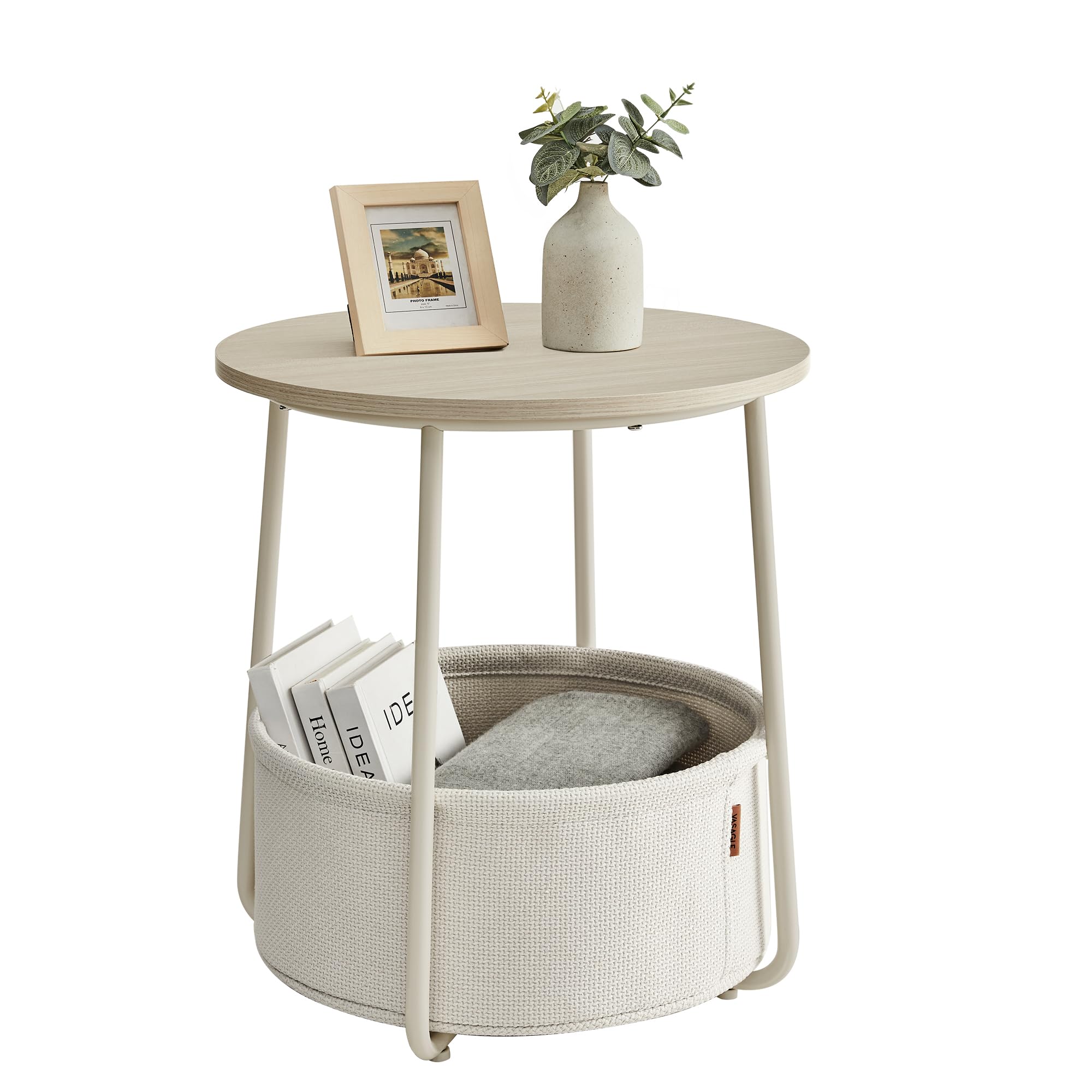 VASAGLE Round End Table with Fabric Basket | 45 x 50 cm | Cream White | Storage 1