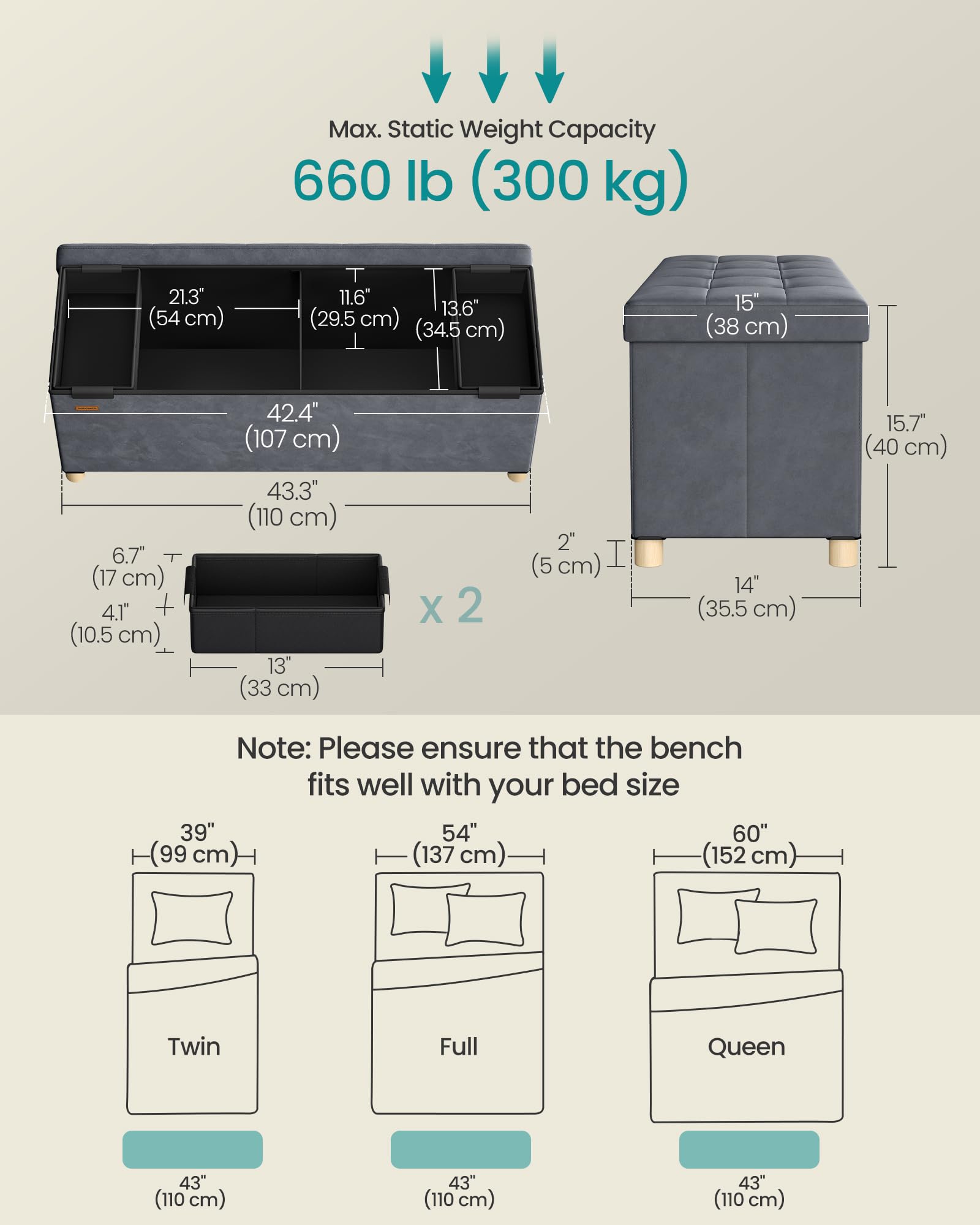 SONGMICS Storage Ottoman - 110cm Wide Bench | 112L Capacity | Slate Grey Velvet 3