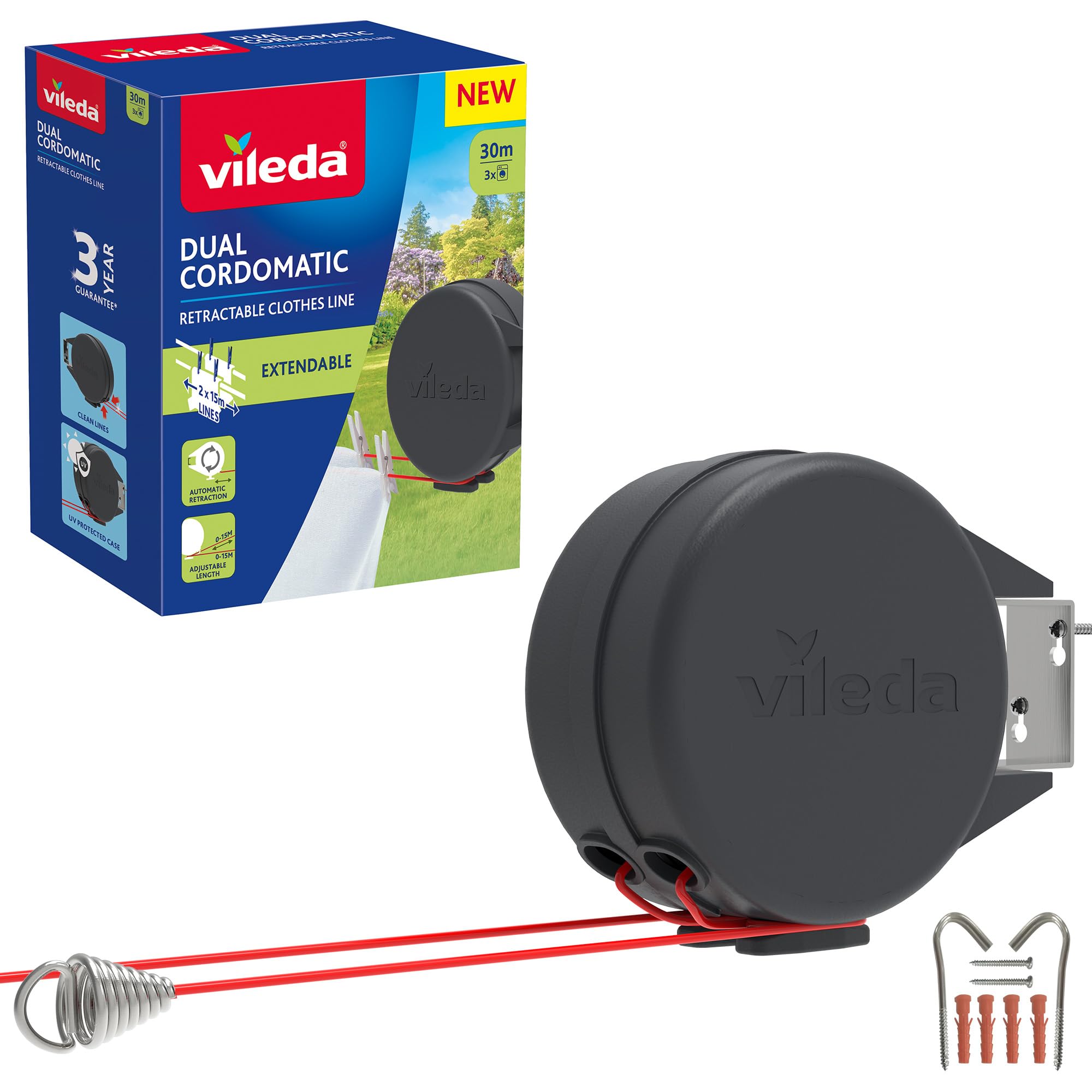 Vileda Dual Cordomatic Retractable Washing Line - 30m Total Capacity | 2x 15m Lines | UV Protected