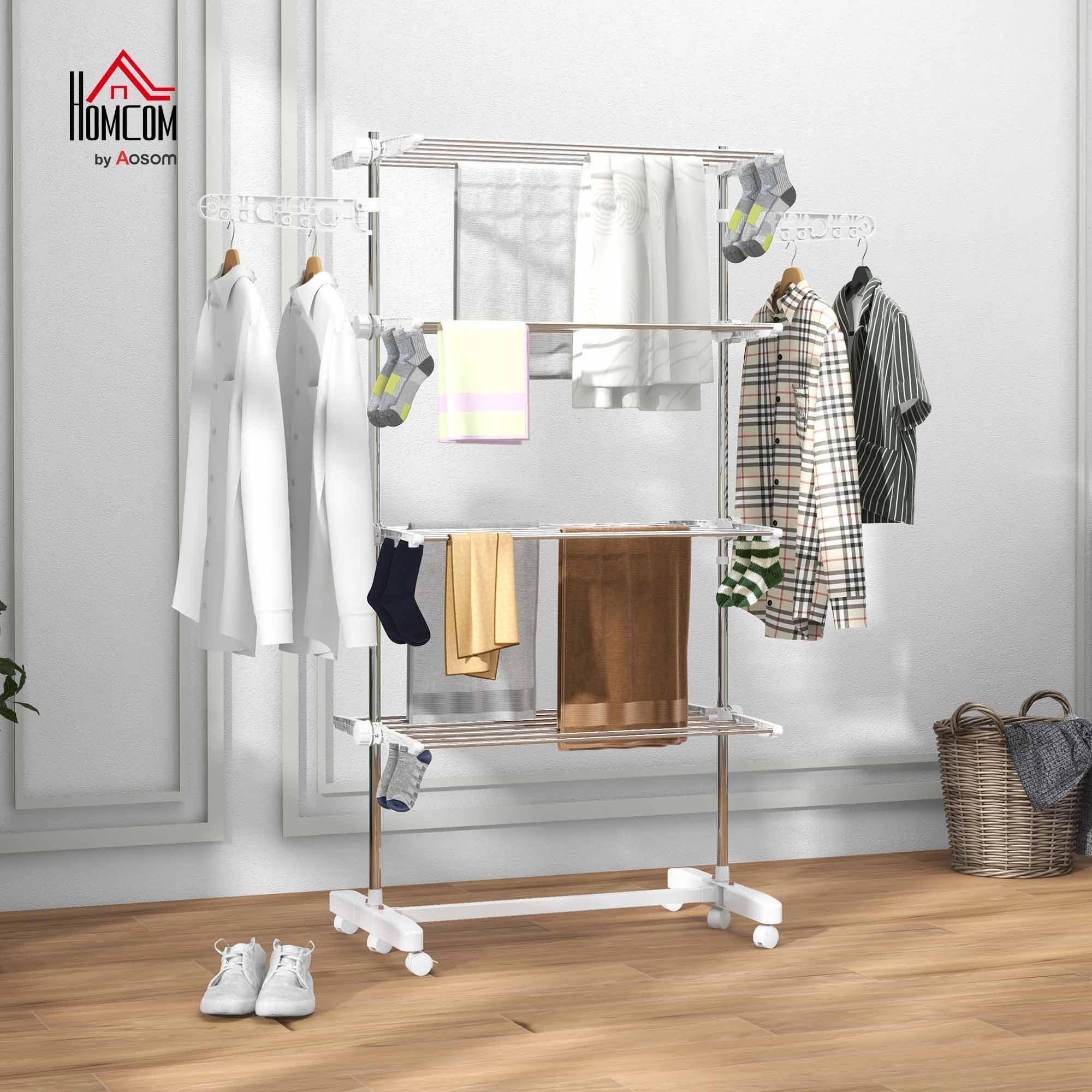 HOMCOM 4-Tier Stainless Steel Clothes Drying Rack | Foldable | Max Load 30kg | Wheeled