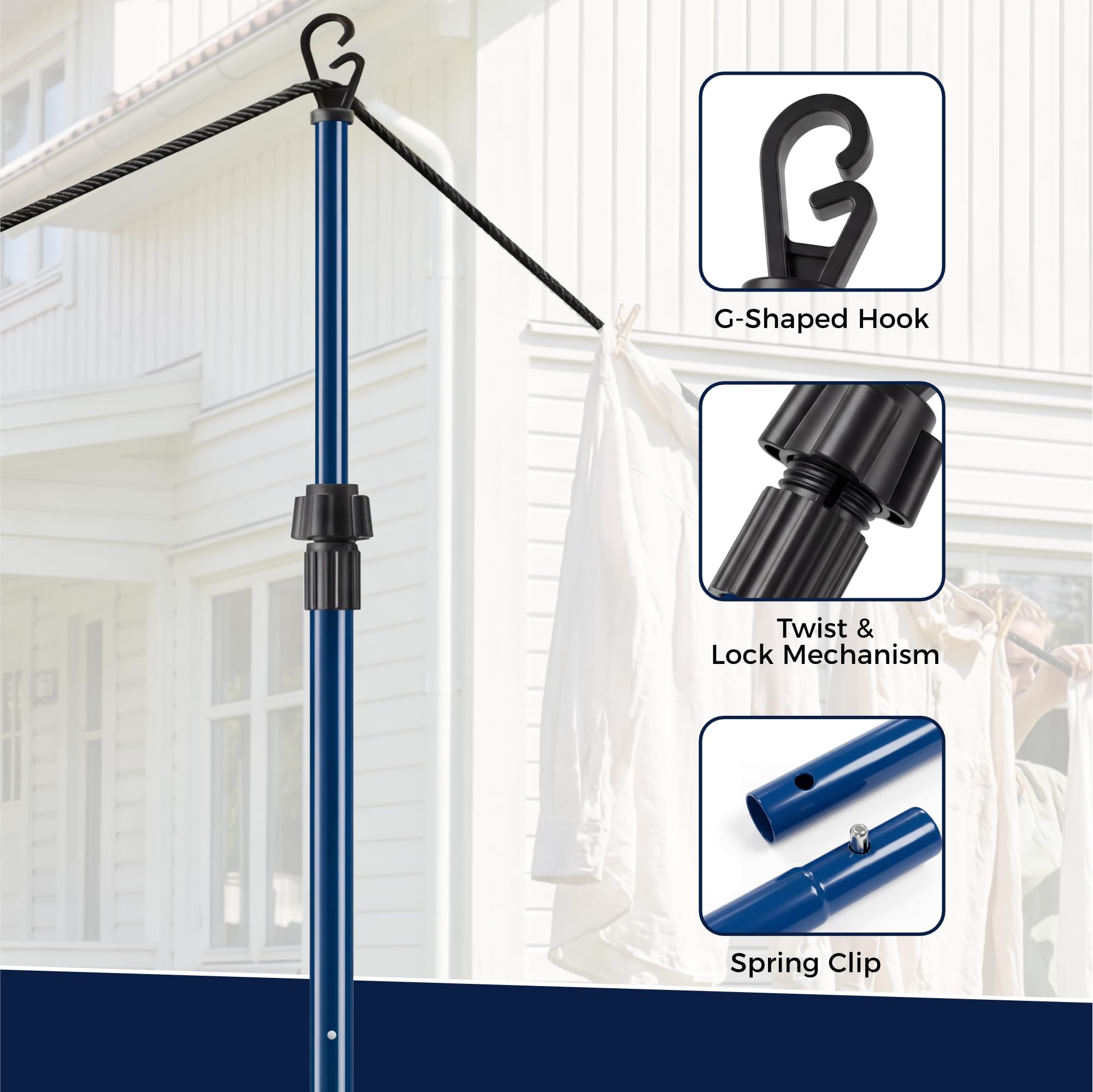 Vivo Technologies Telescopic Washing Line Prop Pole - 2.4M Extension | Heavy Duty Steel | Blue (2 Pack) 5