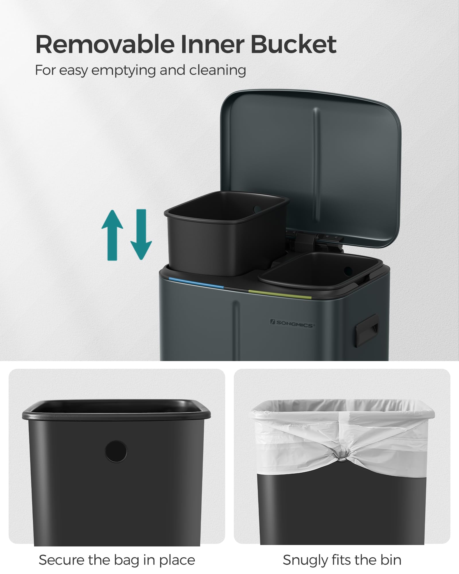 SONGMICS Grey-Green Kitchen Bin with Two 20L Inner Buckets | Steel Construction | Quiet Close 6