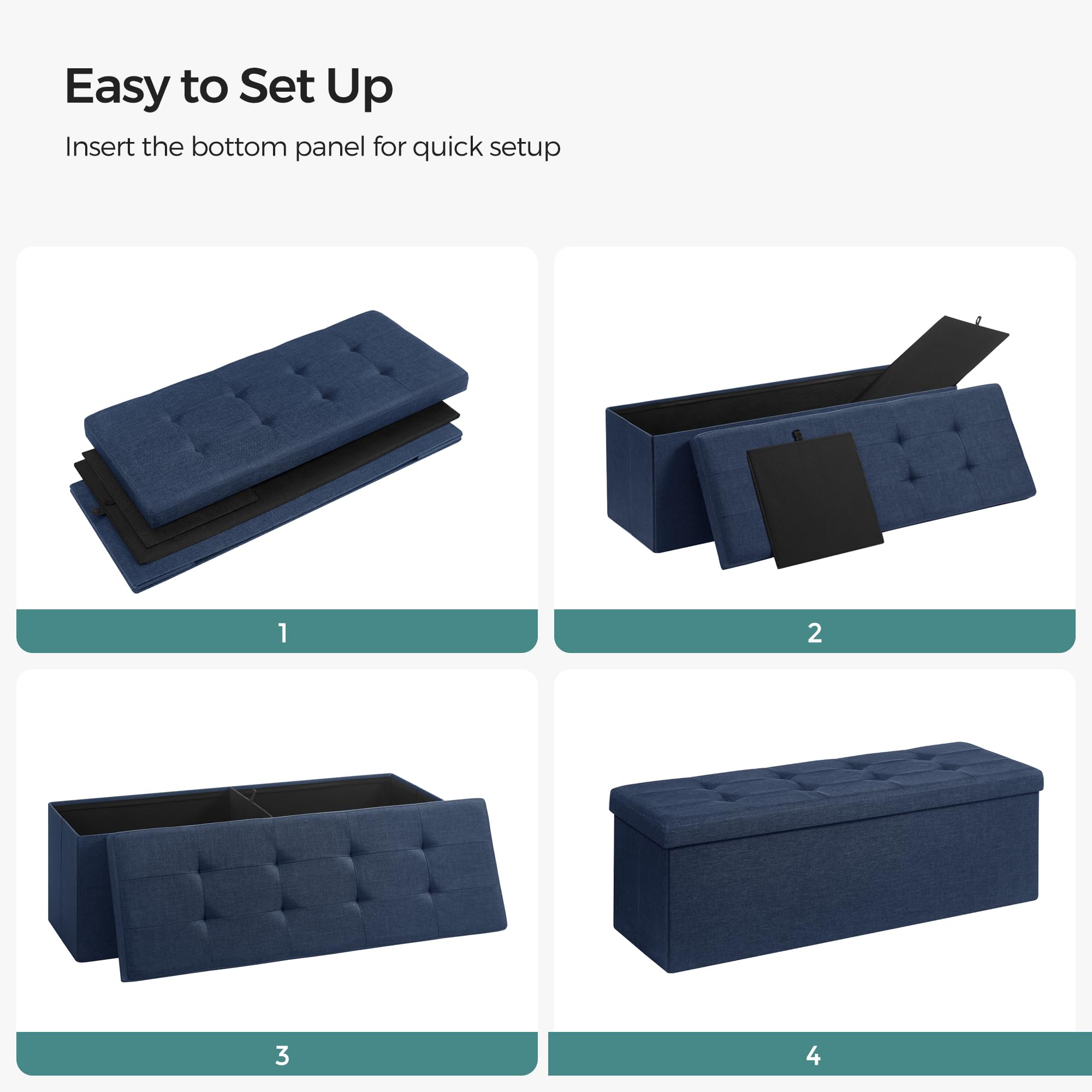 SONGMICS MAZIE Storage Ottoman Bench - 110 cm Folding Foot Rest | Dark Blue | 131L Capacity 8