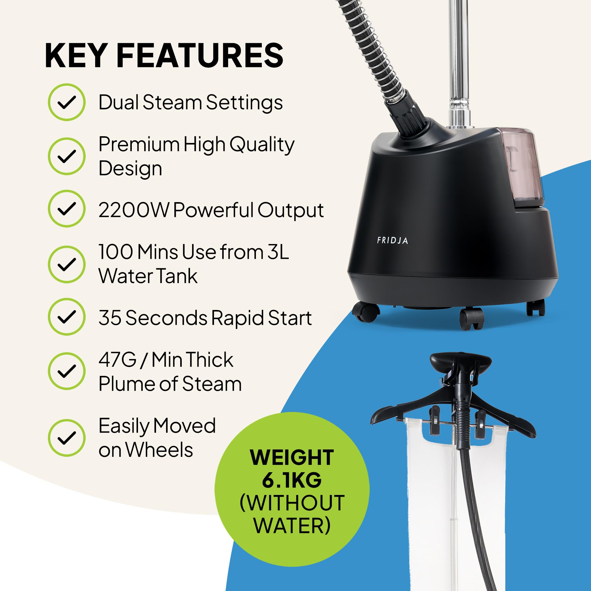 FRIDJA F1200/BLK Vertical Steamer - 2200W Power, 3L Tank, Dual Steam Settings | Matte Black 4