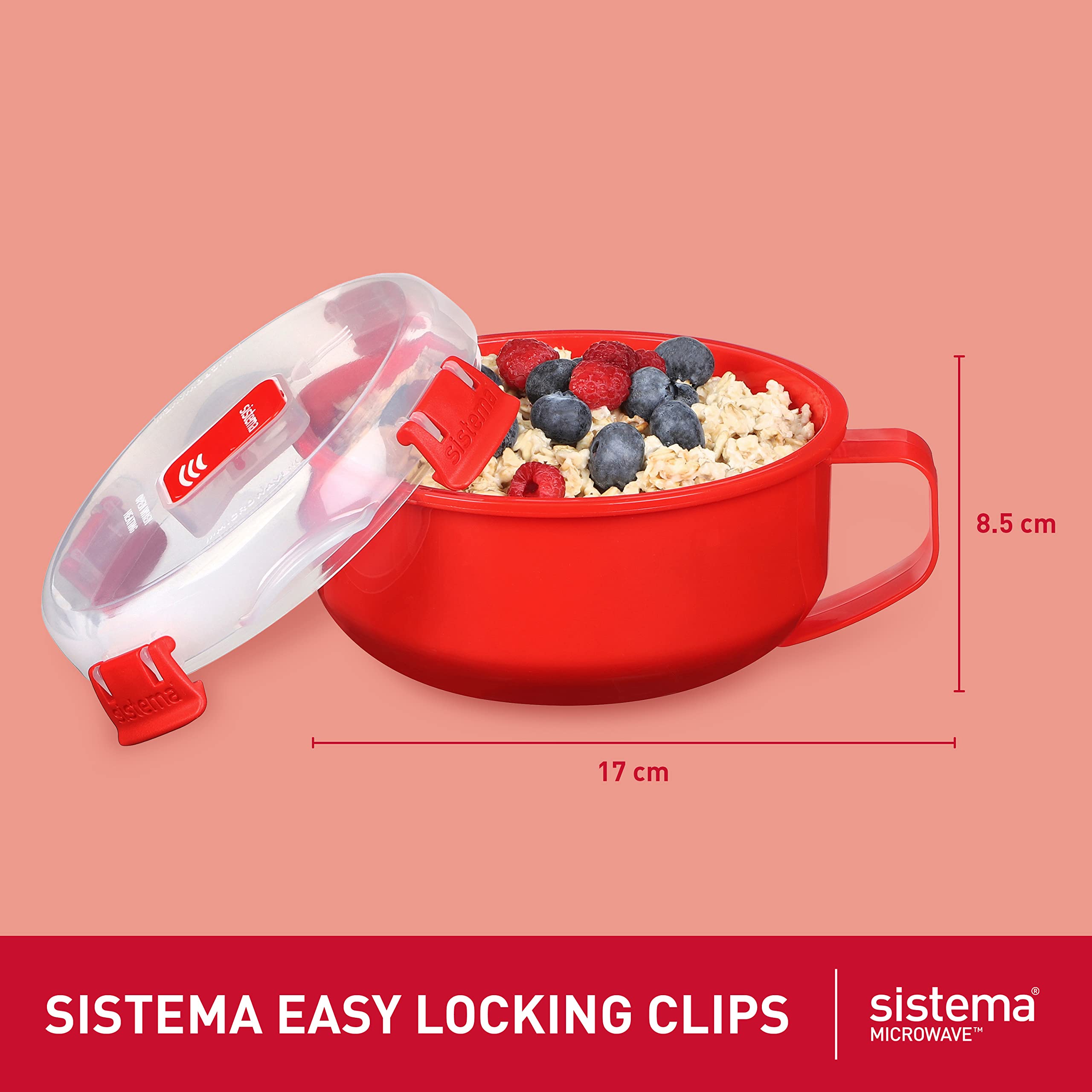 Sistema Microwave Breakfast Bowl - 850 ml Round Container with Steam Vent | BPA-Free Plastic | Red | 1 Count