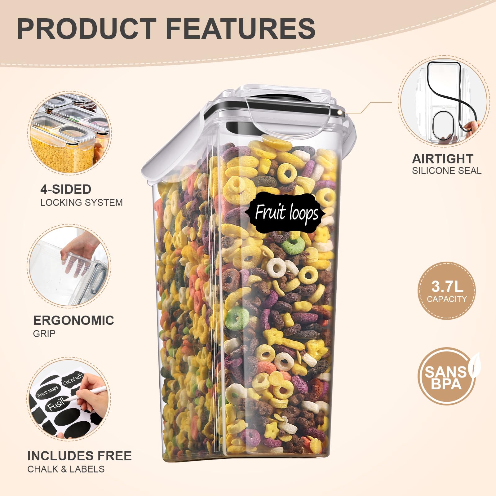 YASHE 3-Piece Airtight Cereal Storage Containers | 3.7L Large Capacity | BPA Free PP Plastic 3
