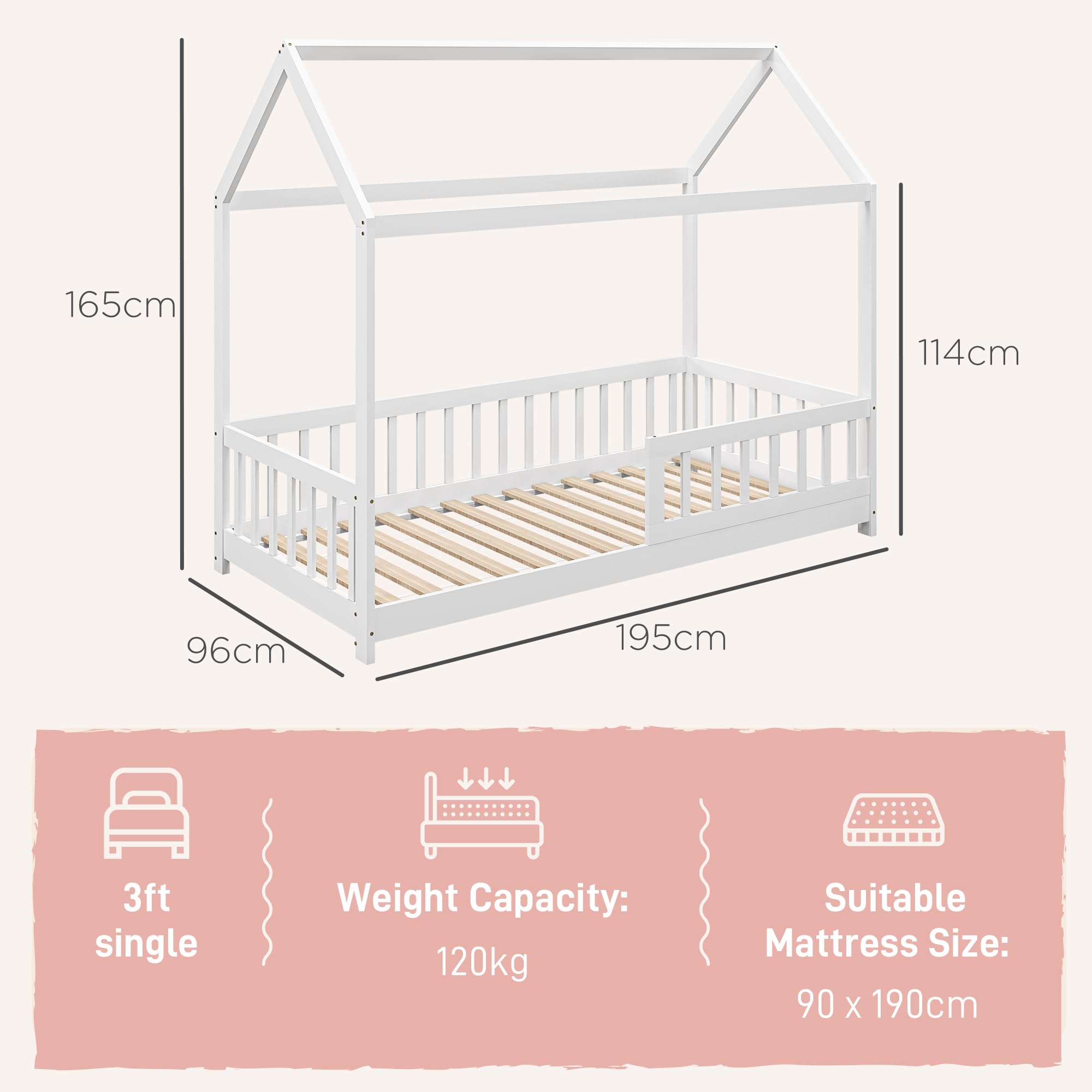 HOMCOM Toddler Bed Single House-Shaped Frame Solid Pine Wood White | 120kg Capacity 2