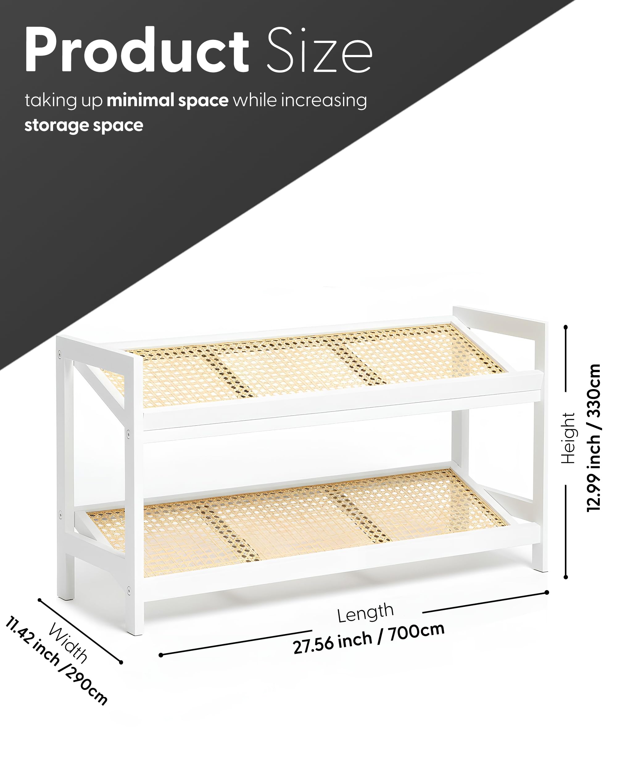 KEPLIN 2 Tier Bamboo and Rattan Shoe Rack - Compact Entryway Storage | 70cm Width | Natural/White 3