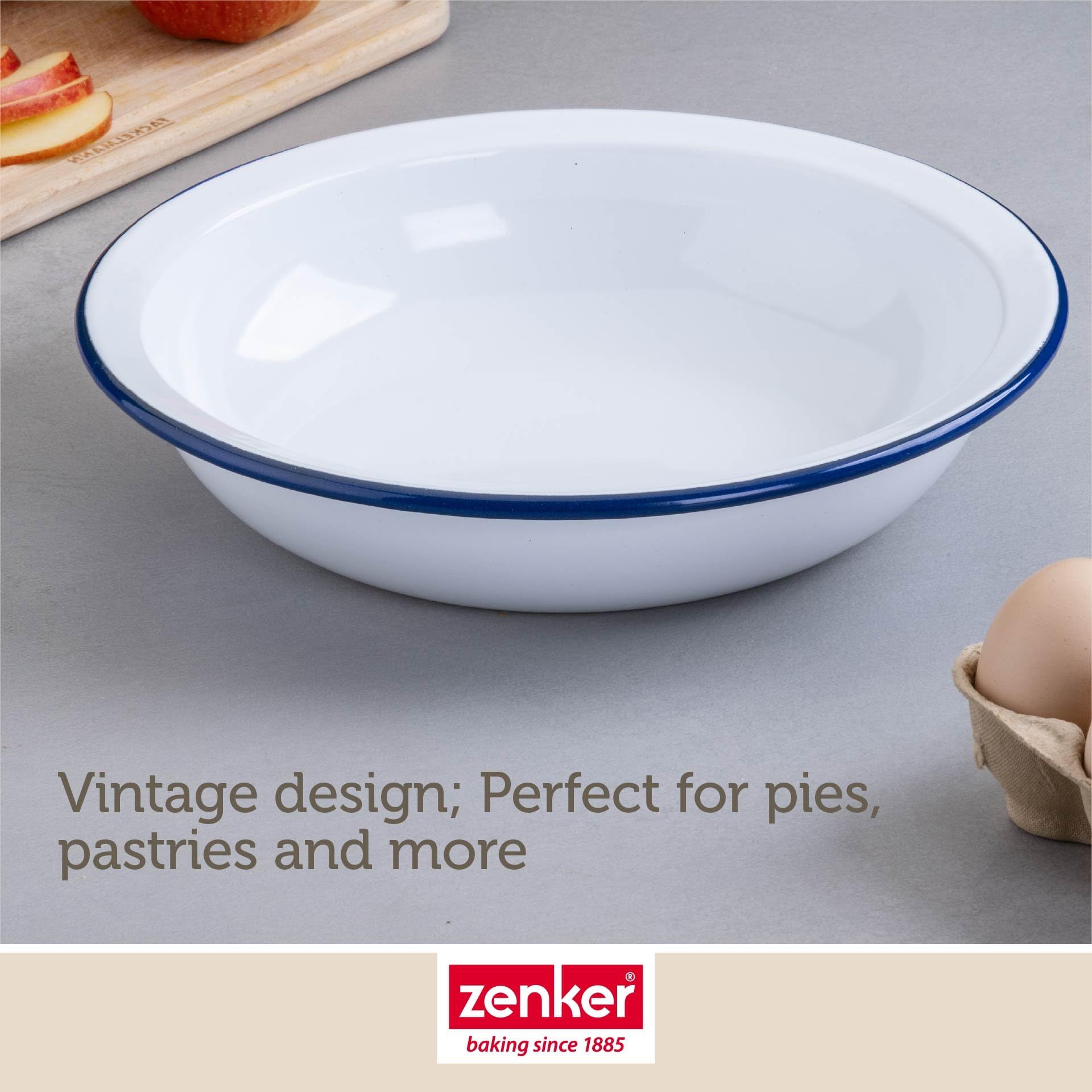 Zenker Enamel Round Pie Dish - Vintage Design, Oven Safe to 230°C | 25x25x5cm | White & Blue 4