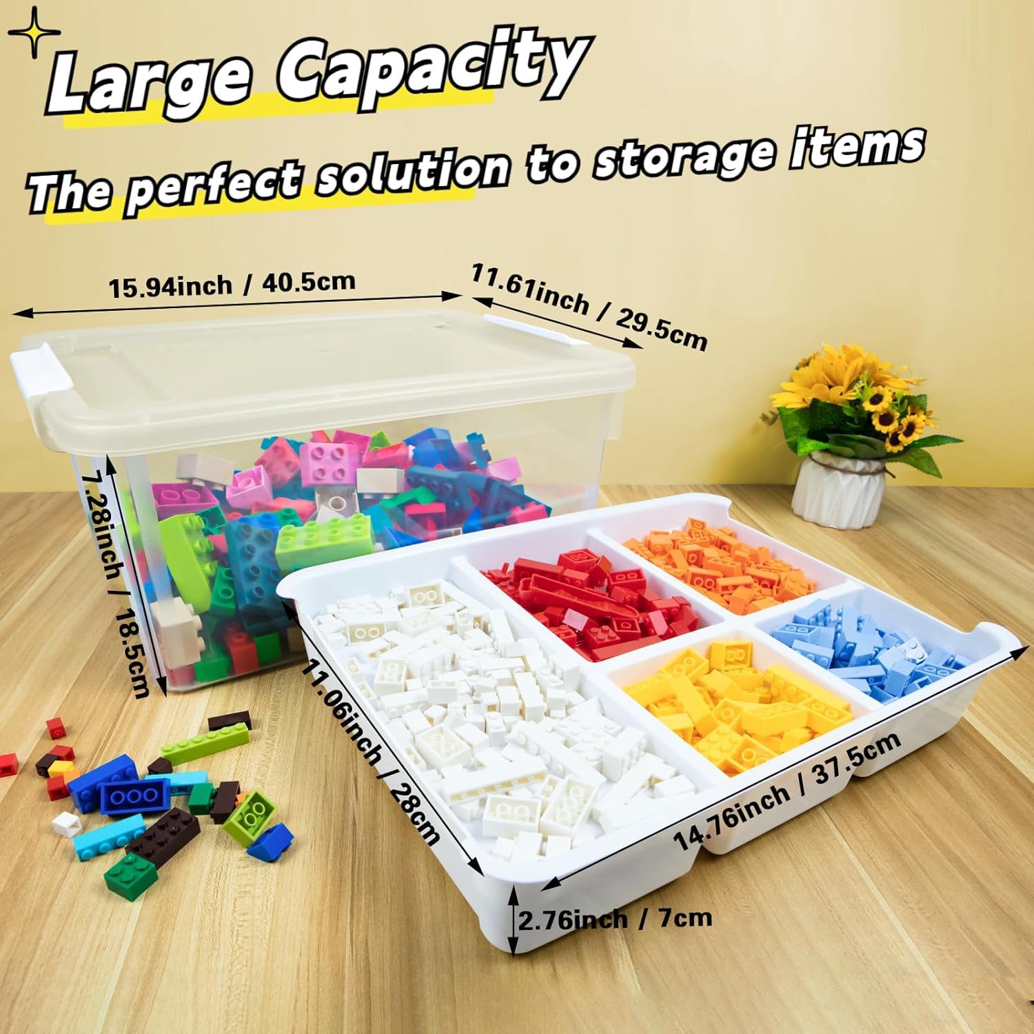 Creahaus 16L Storage Box with Removable 5-Compartment Tray | Stackable, White Plastic 7