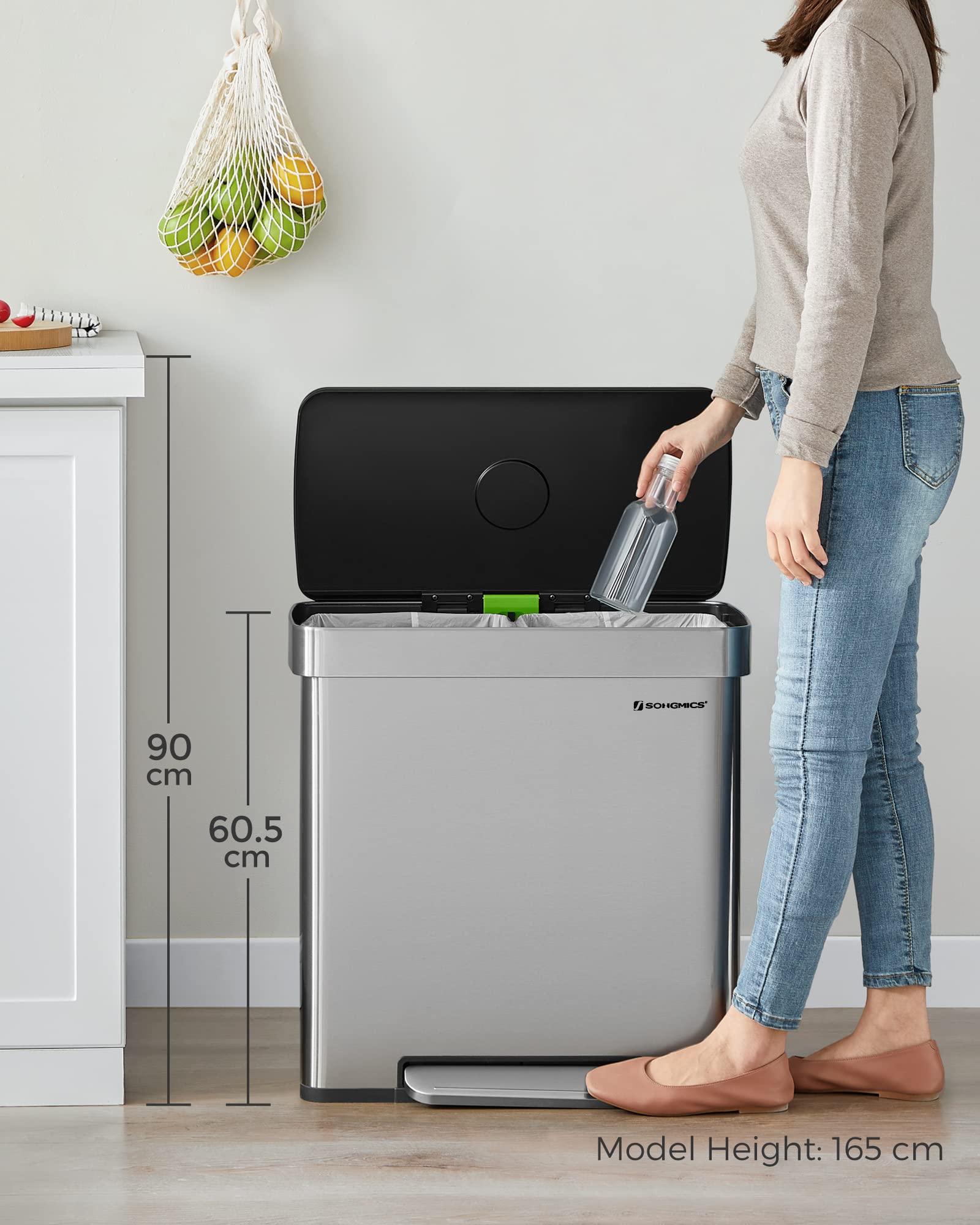SONGMICS Kitchen Waste Separation System - 2 x 30L Compartments | Stainless Steel Pedal Bin 6