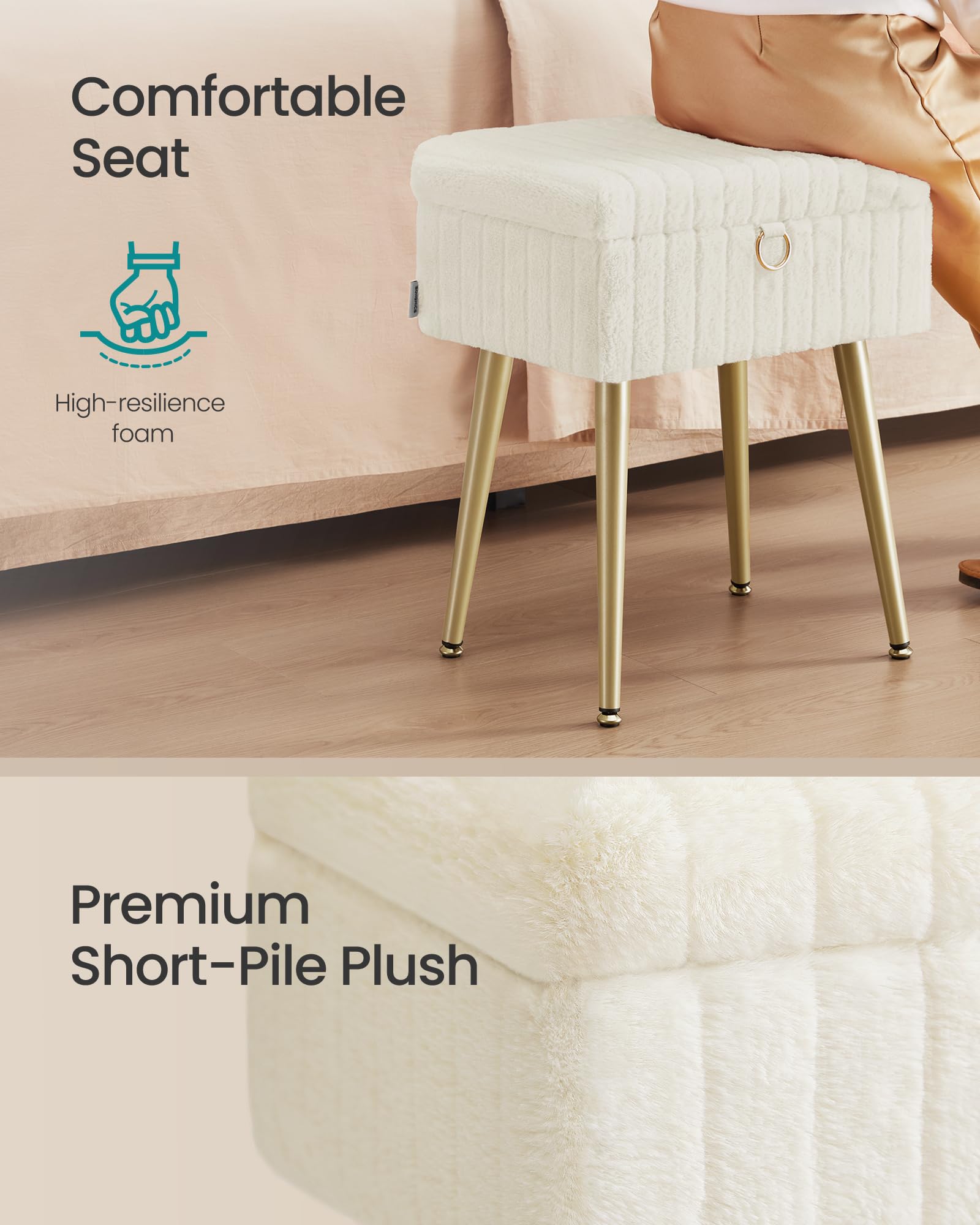 SONGMICS Vanity Stool with Storage - Cream White | 30x40x50 cm | Supports 200 kg 4