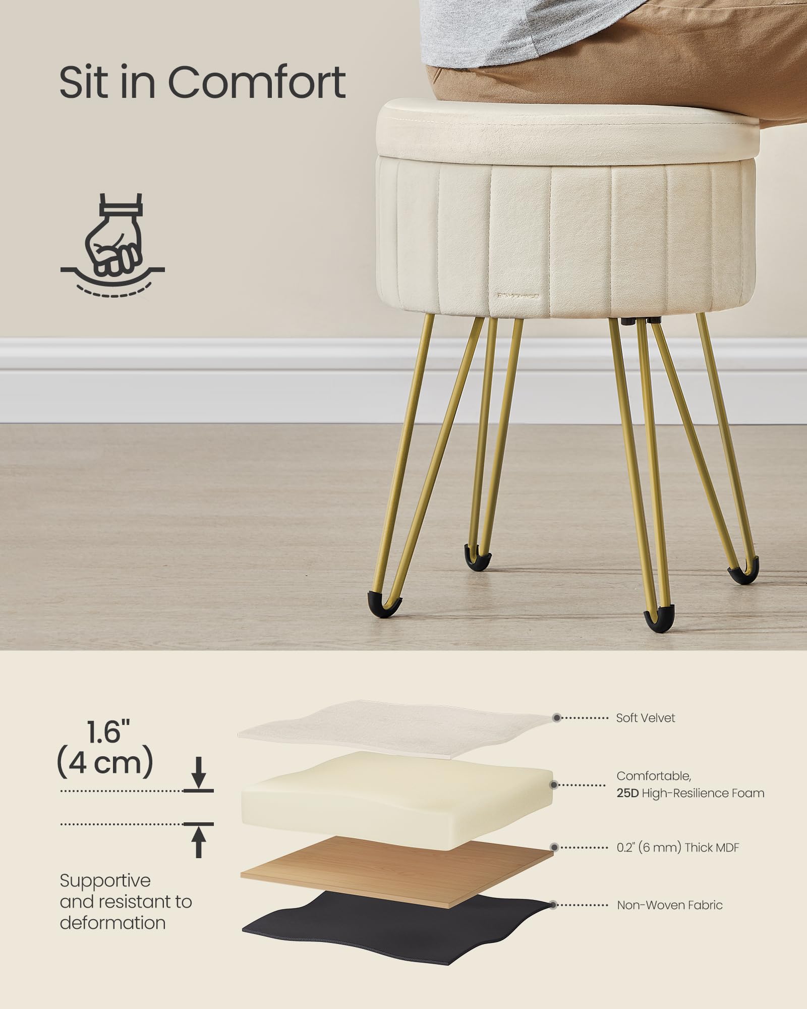 SONGMICS Storage Ottoman - Velvet Dressing Table Stool | 39 x 44.4 cm | Cloud White 4