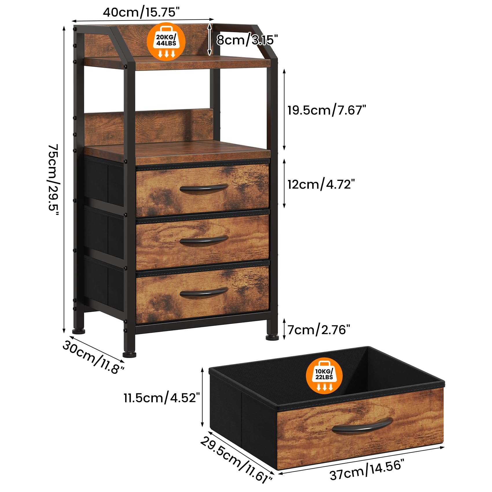 Feonase Bedside Table with 3 Fabric Drawers & Open Shelf | Rustic Brown | 40x30x75 cm 2