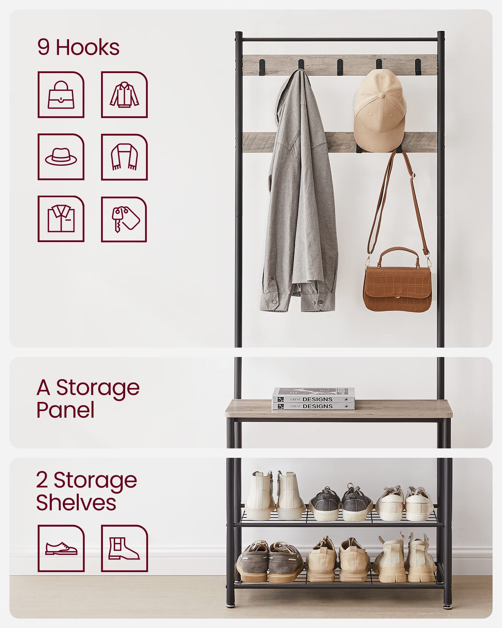 VASAGLE 3-in-1 Coat Stand with Shoe Rack and Bench | Grey + Black | 175cm Height 8