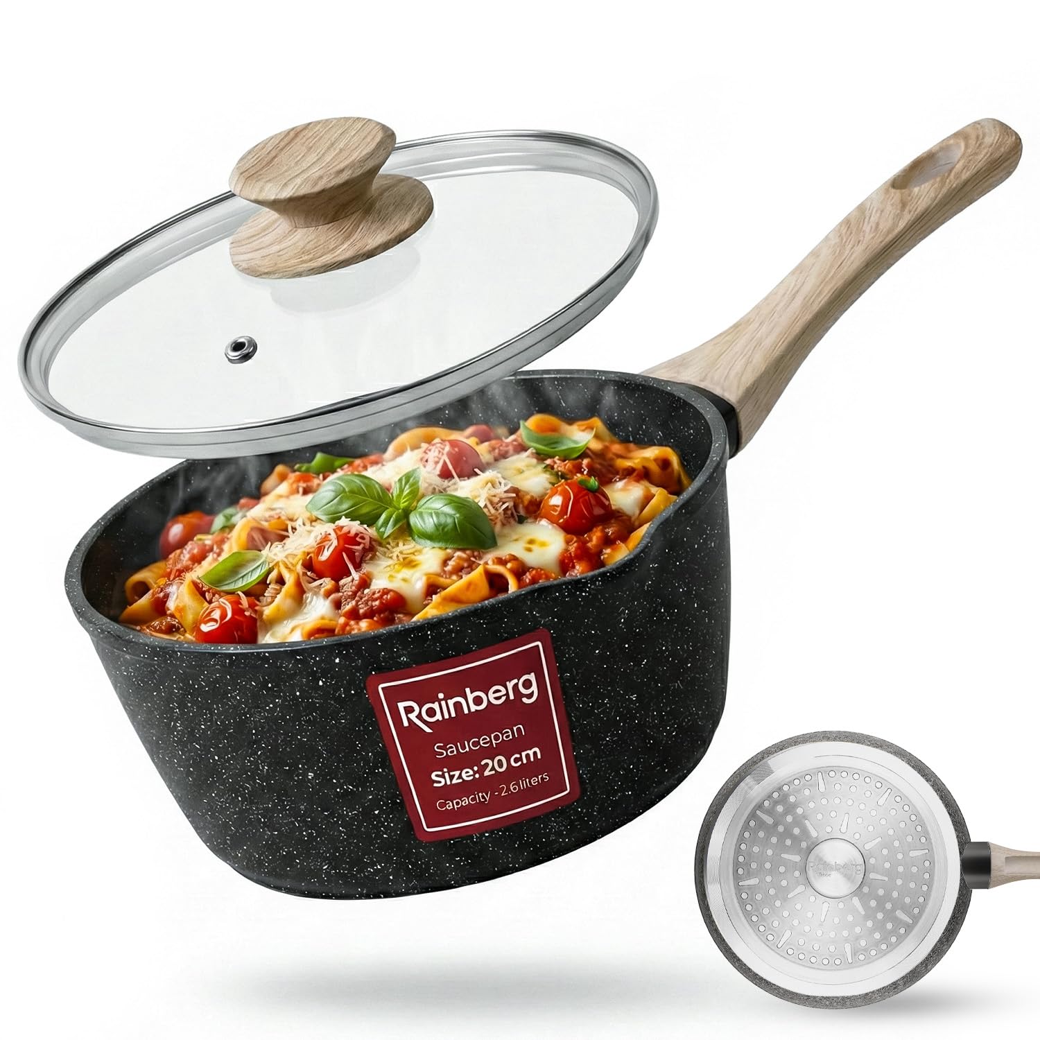 Rainberg 20cm Nonstick Granite Saucepan with Vented Glass Lid | Induction Compatible 1