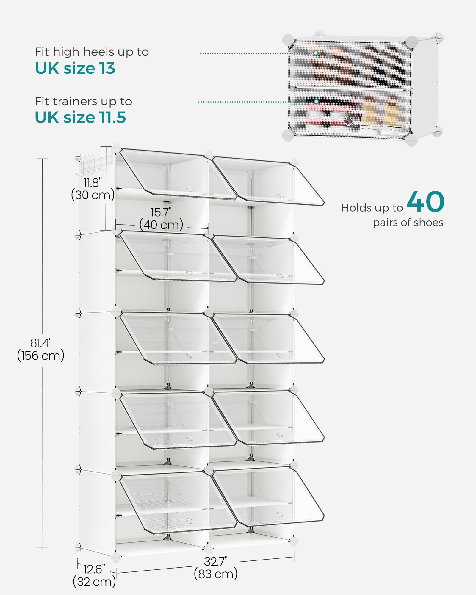 SONGMICS Modular Interlocking Shoe Rack - 10 Slots | Steel Frame & Plastic Panels | White 3