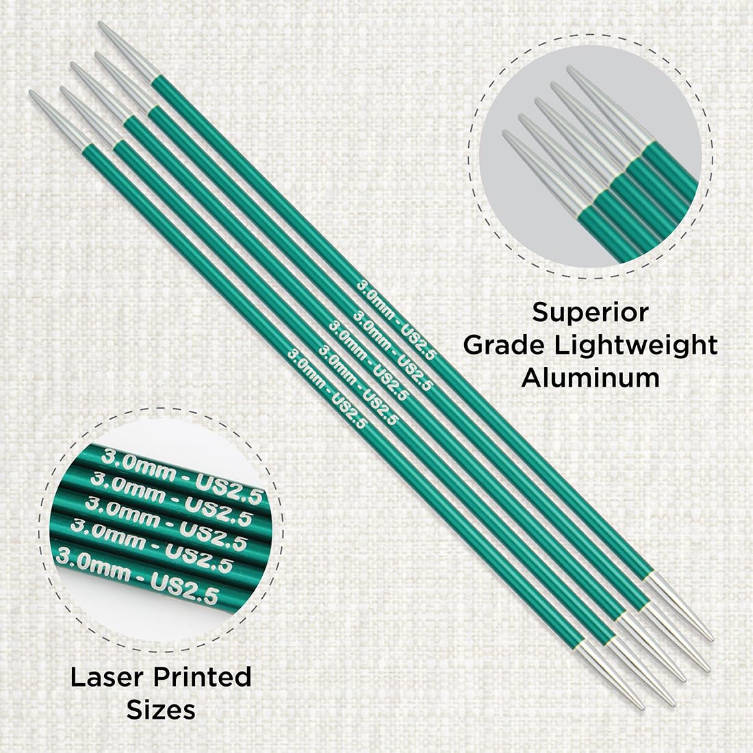 KnitPro Zing Double Pointed Knitting Needles - 3.00mm (6"/15cm) | Lightweight Aluminium | Jade Color 2