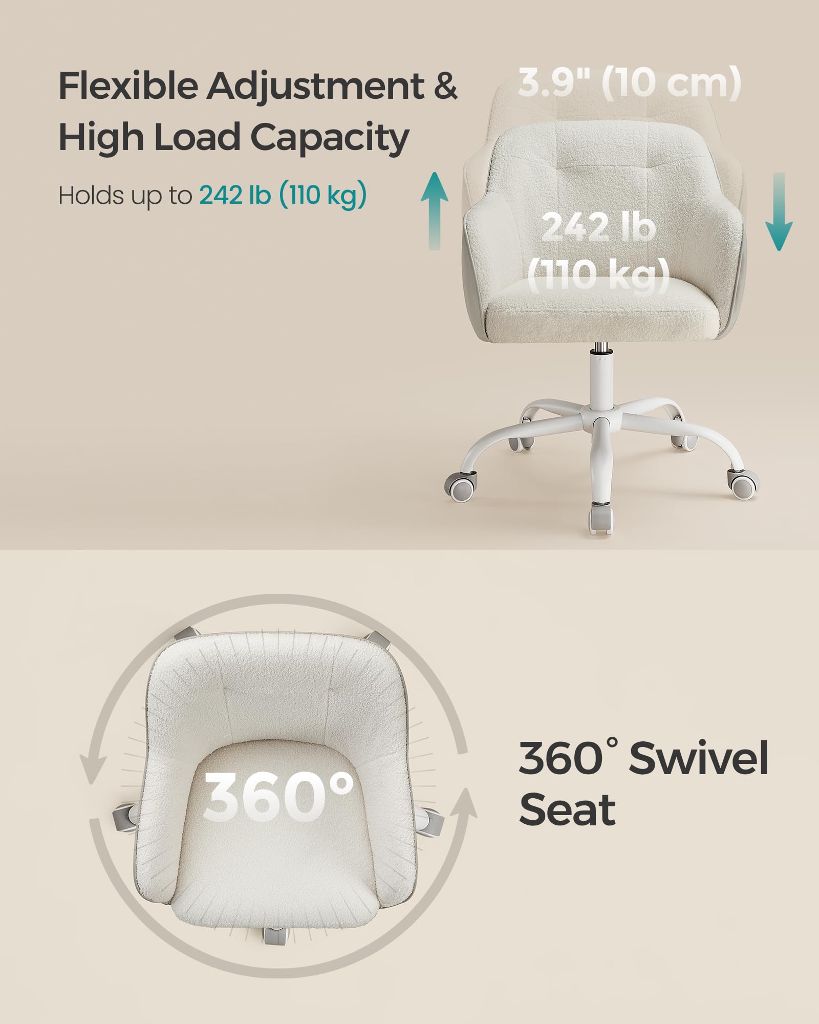 SONGMICS Swivel Desk Chair - Cappuccino Beige, Sherpa Fabric, Adjustable Height | Max Load 110 kg 7