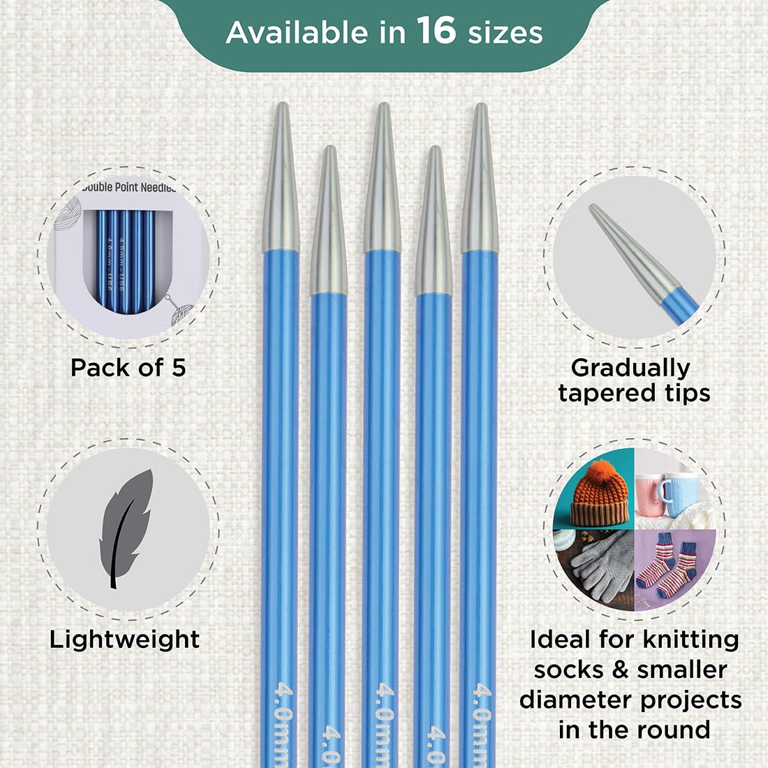 KnitPro Zing Double Pointed Knitting Needles - 4.00mm Size | 6' (15cm) Length | Sapphire Aluminium 3