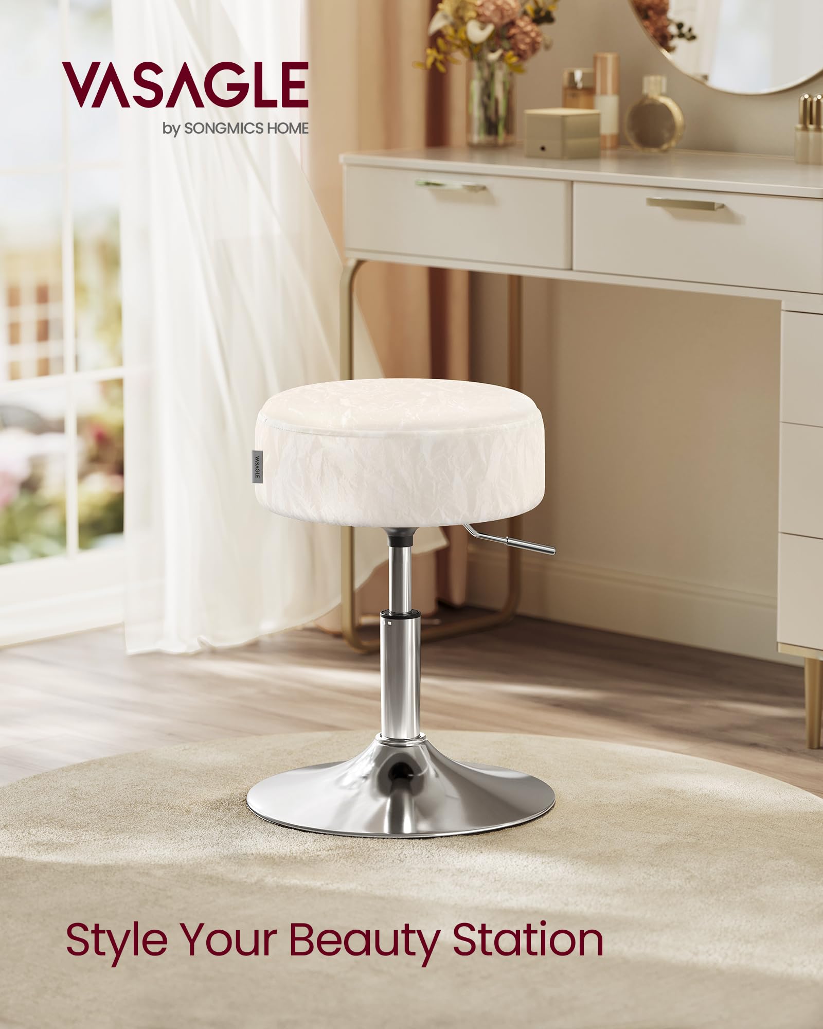 VASAGLE Height Adjustable Makeup Vanity Stool | 35 cm Seat | Cream White PU Leather | Swivel Base 4