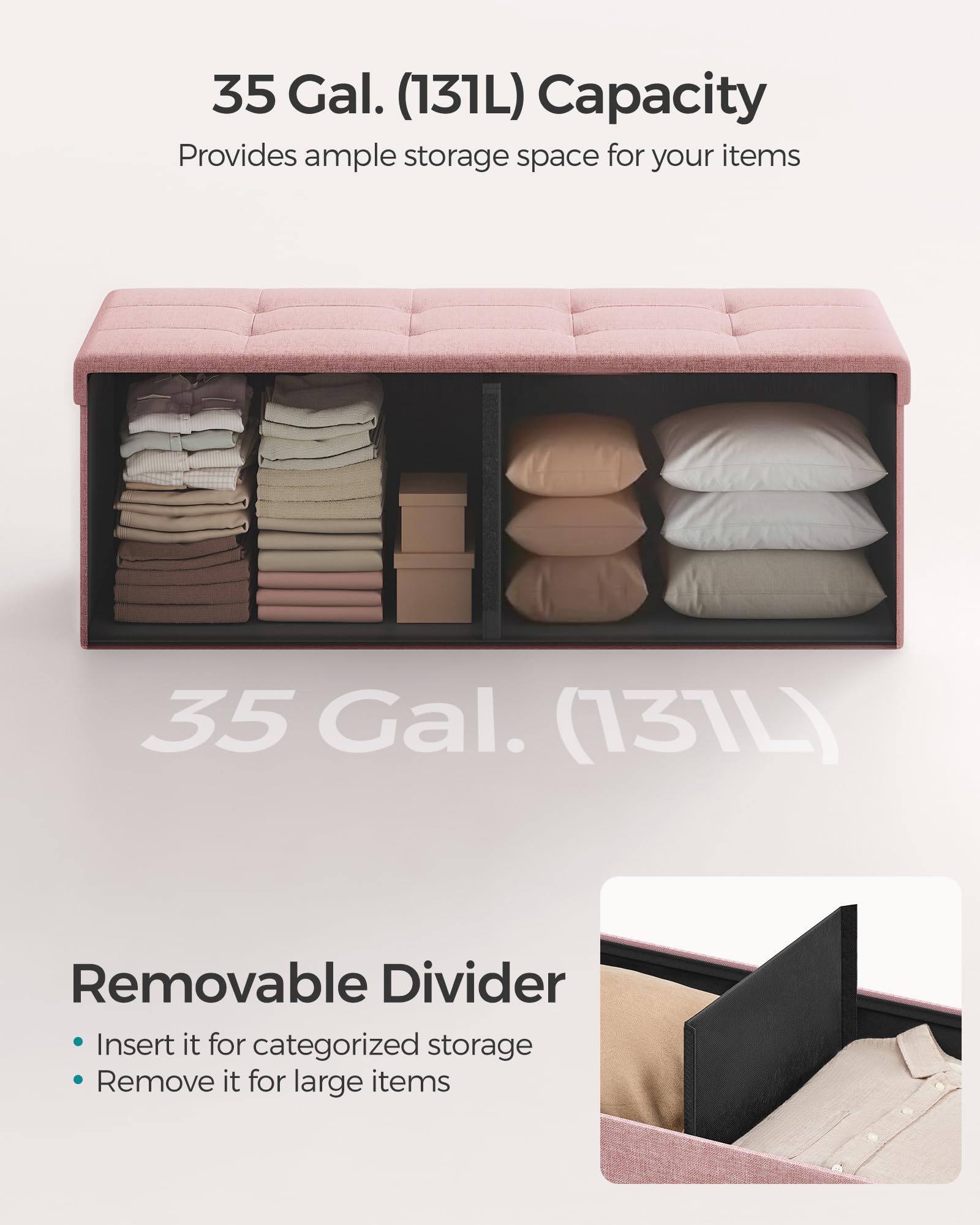 SONGMICS MAZIE Storage Ottoman Bench - 110 cm Folding Foot Rest | 131L Capacity | Jelly Pink 4