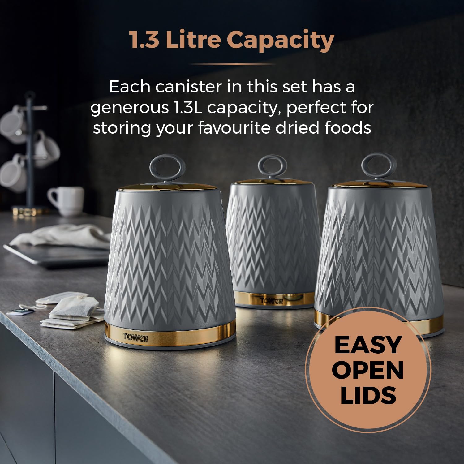 Tower Empire Set of 3 Storage Canisters for Tea Coffee Sugar | 1.3L Capacity | Grey and Brass 5