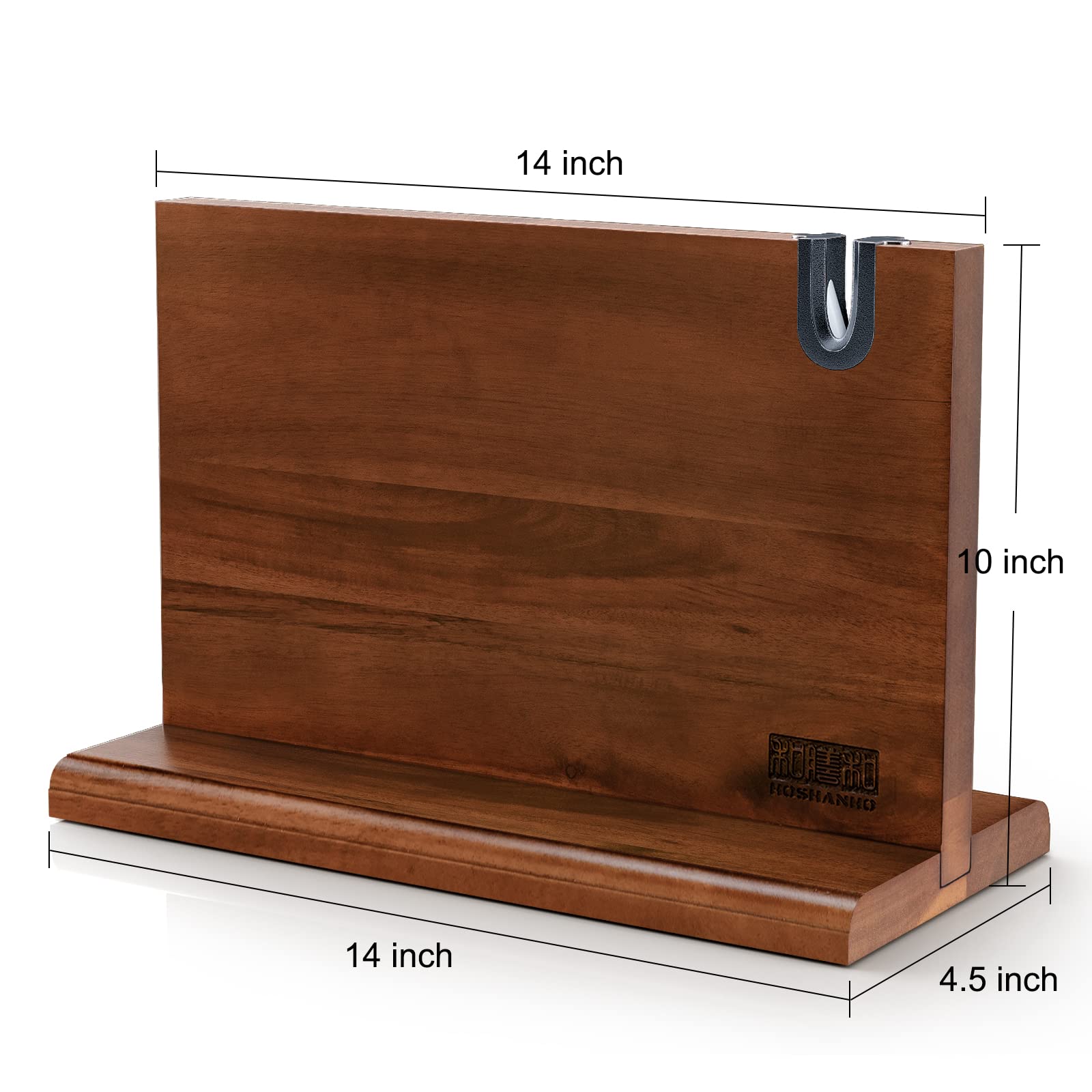 HOSHANHO Magnetic Knife Block - Double Sided, 14x10 Inches, Acacia Wood | Includes Whetstone 5