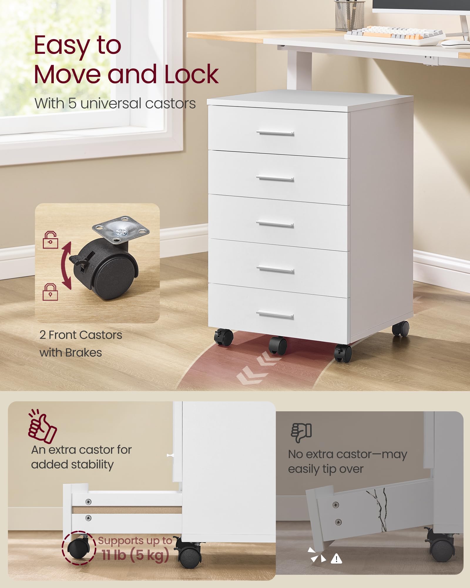 VASAGLE Rolling File Cabinet with 5 Drawers | Lockable Wheels | White Plastic Engineered Wood 6