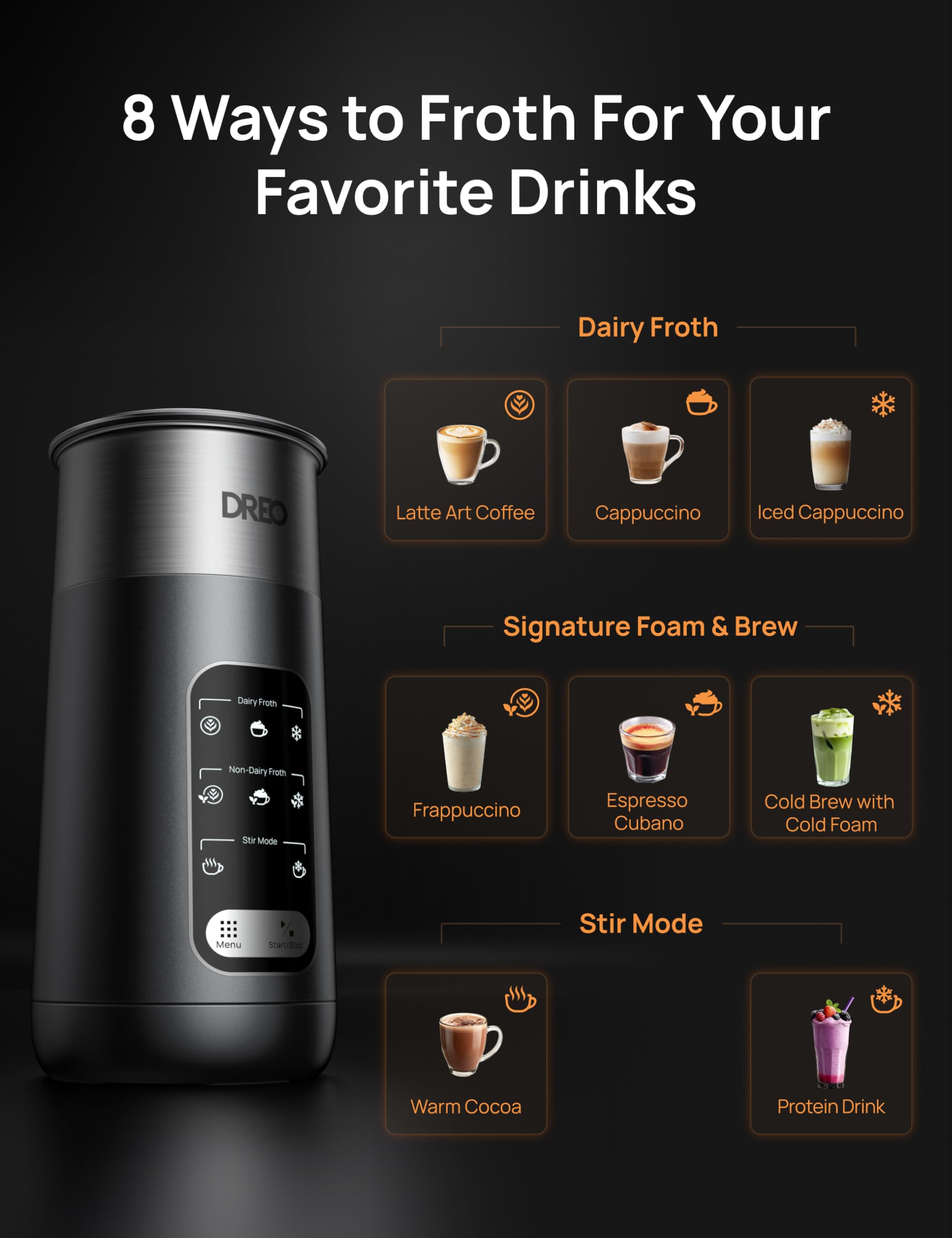 Dreo Electric Milk Frother - 8-in-1 Silent Steamer | Stainless Steel | Black Silver 3