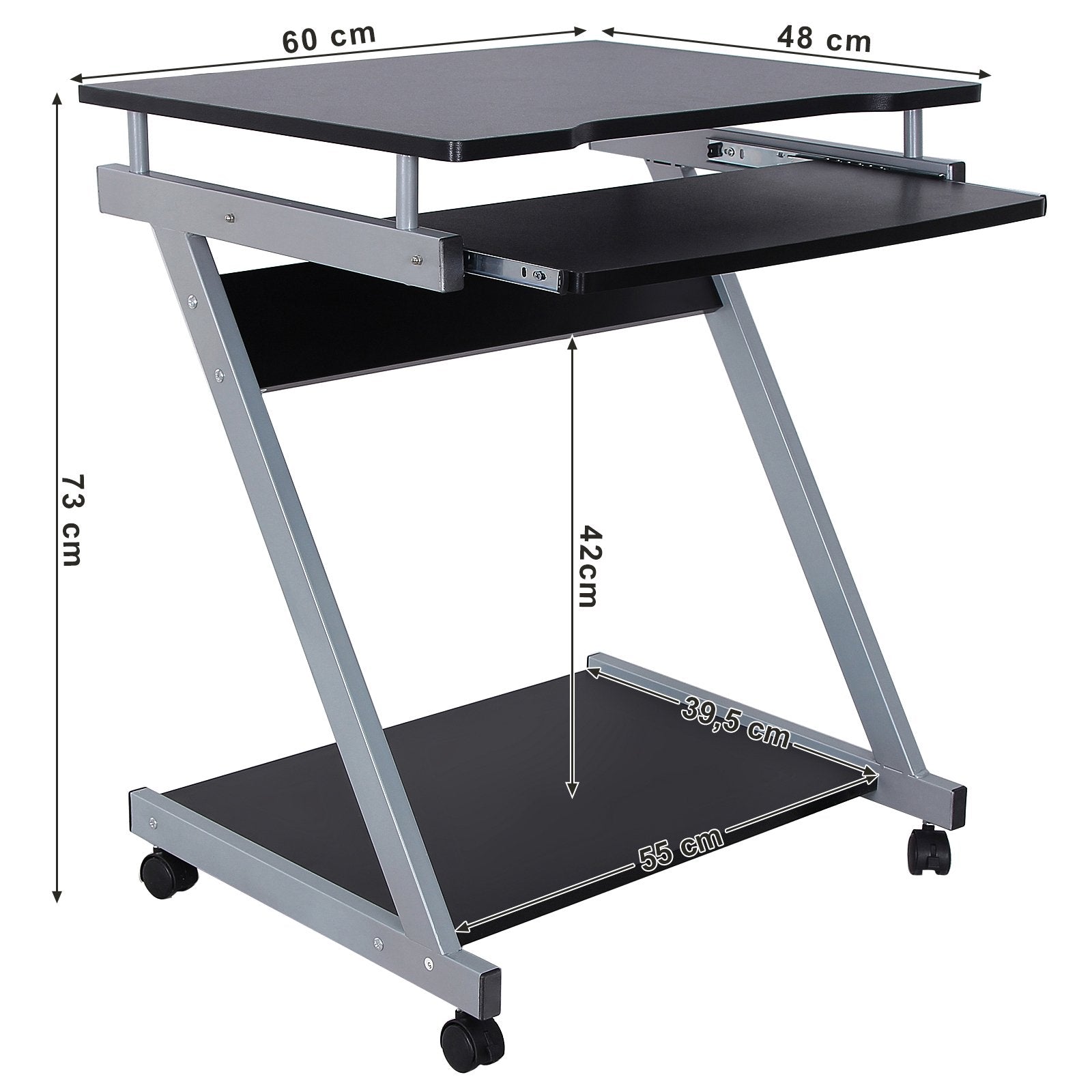 VASAGLE Mobile Z-Shaped Computer Workstation | 60x48x73cm | Black | Supports 30 kg 3