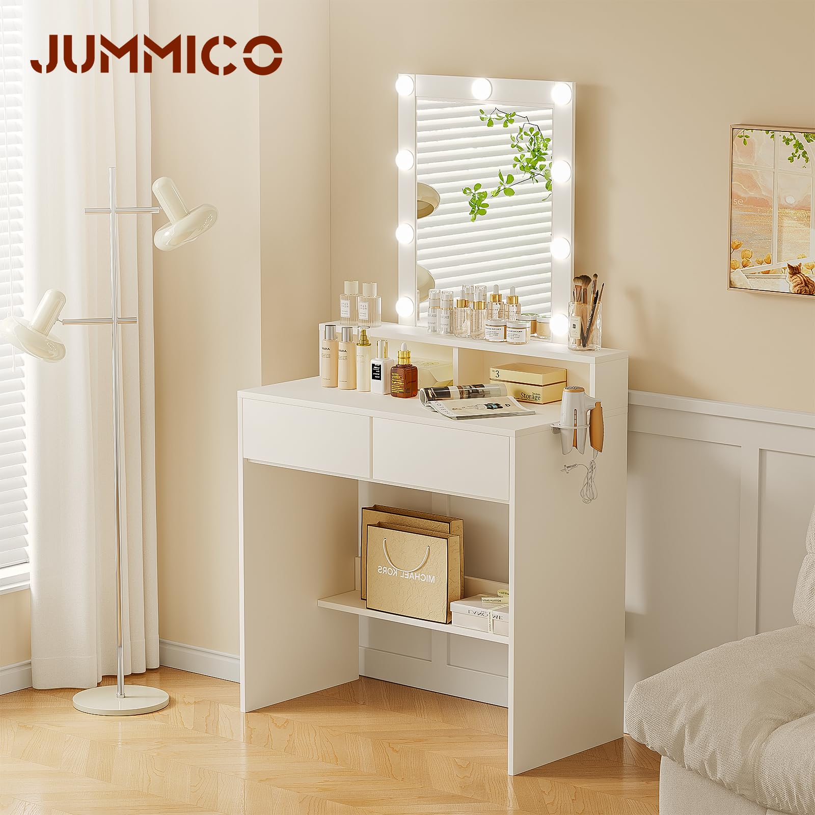 JUMMICO Dressing Table with LED Mirror, 2 Drawers, Hairdryer Stand | 80 x 40 cm White Finish
