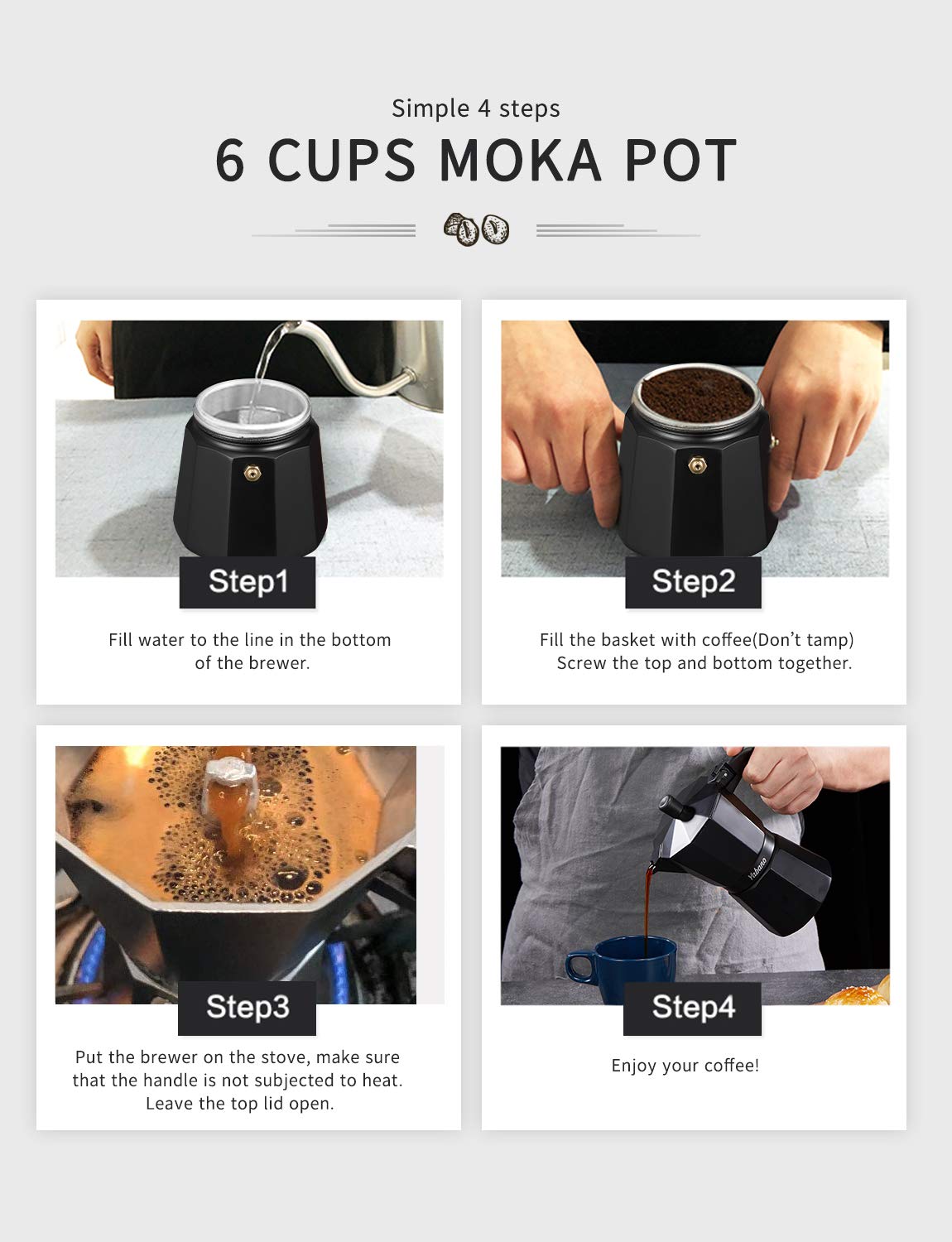 Yabano Stovetop Espresso Maker - 6 Cups Moka Pot | Cast Aluminum | Works on Gas/Electric/Ceramic 3