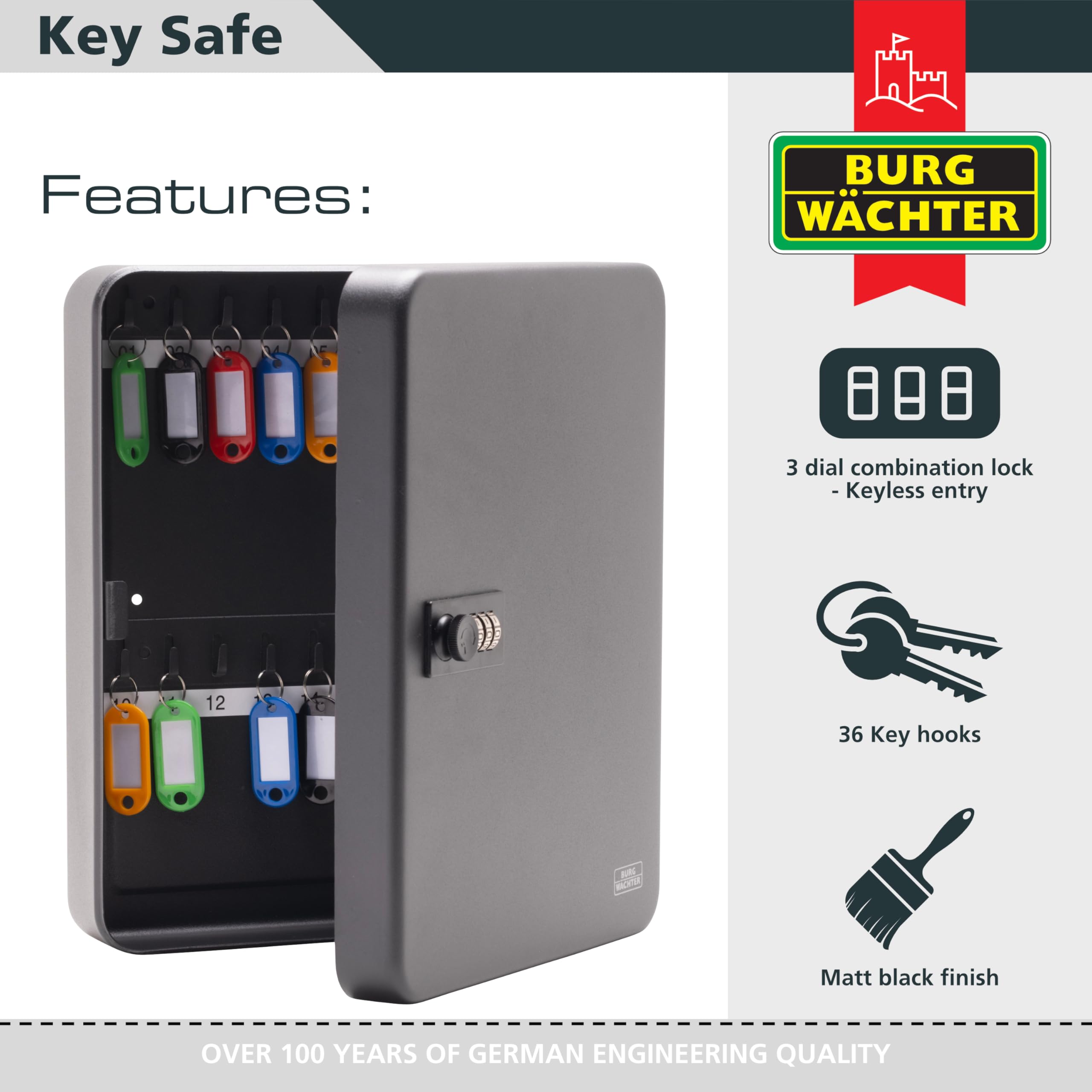 Burg-Wächter KC36C Wall Mountable Combination Key Cabinet - 36 Hooks | Matt Black Steel 3