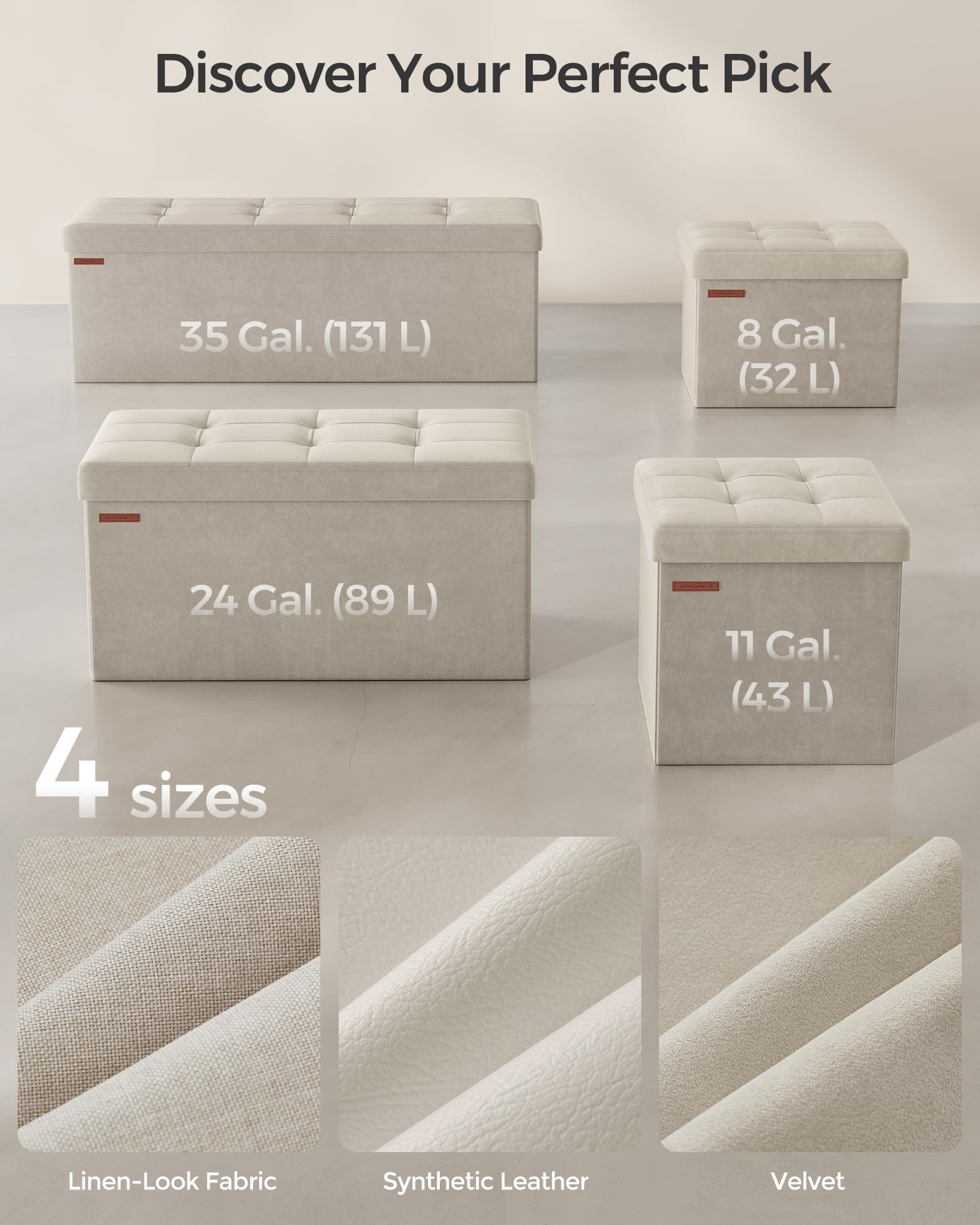 SONGMICS Storage Ottoman - Foldable Foot Rest with 89L Capacity | Cream White Velvet | 300 kg Load 7