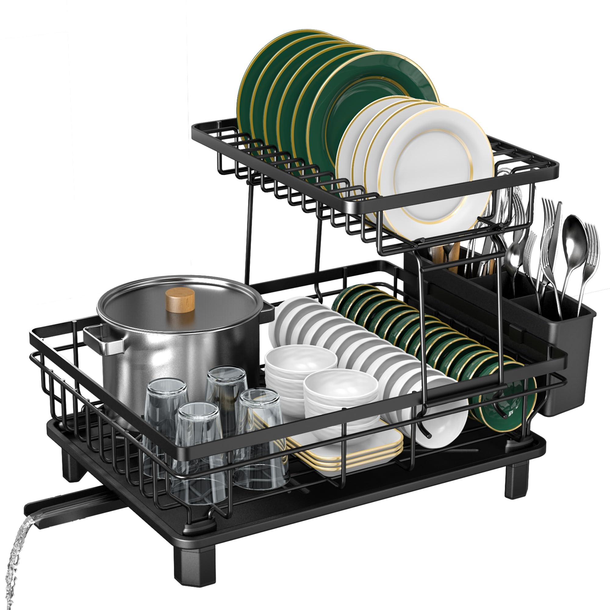 Rottogoon Large 2-Tier Dish Drying Rack - Stainless Steel, Black, with Drainboard & Utensil Holder 9