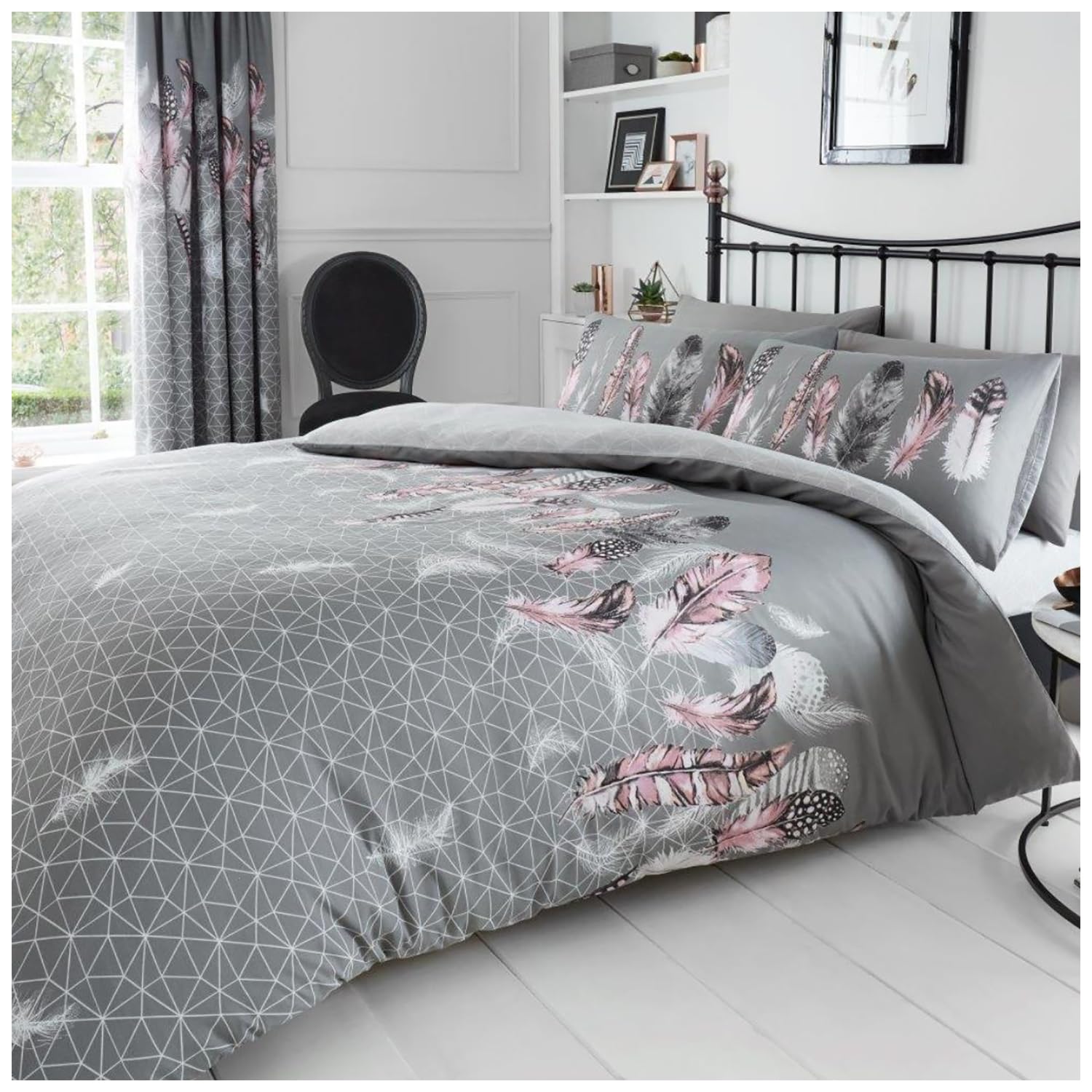 GC GAVENO CAVAILIA Feather Printed Duvet Cover Set, King Size, Grey Polycotton Blend 1
