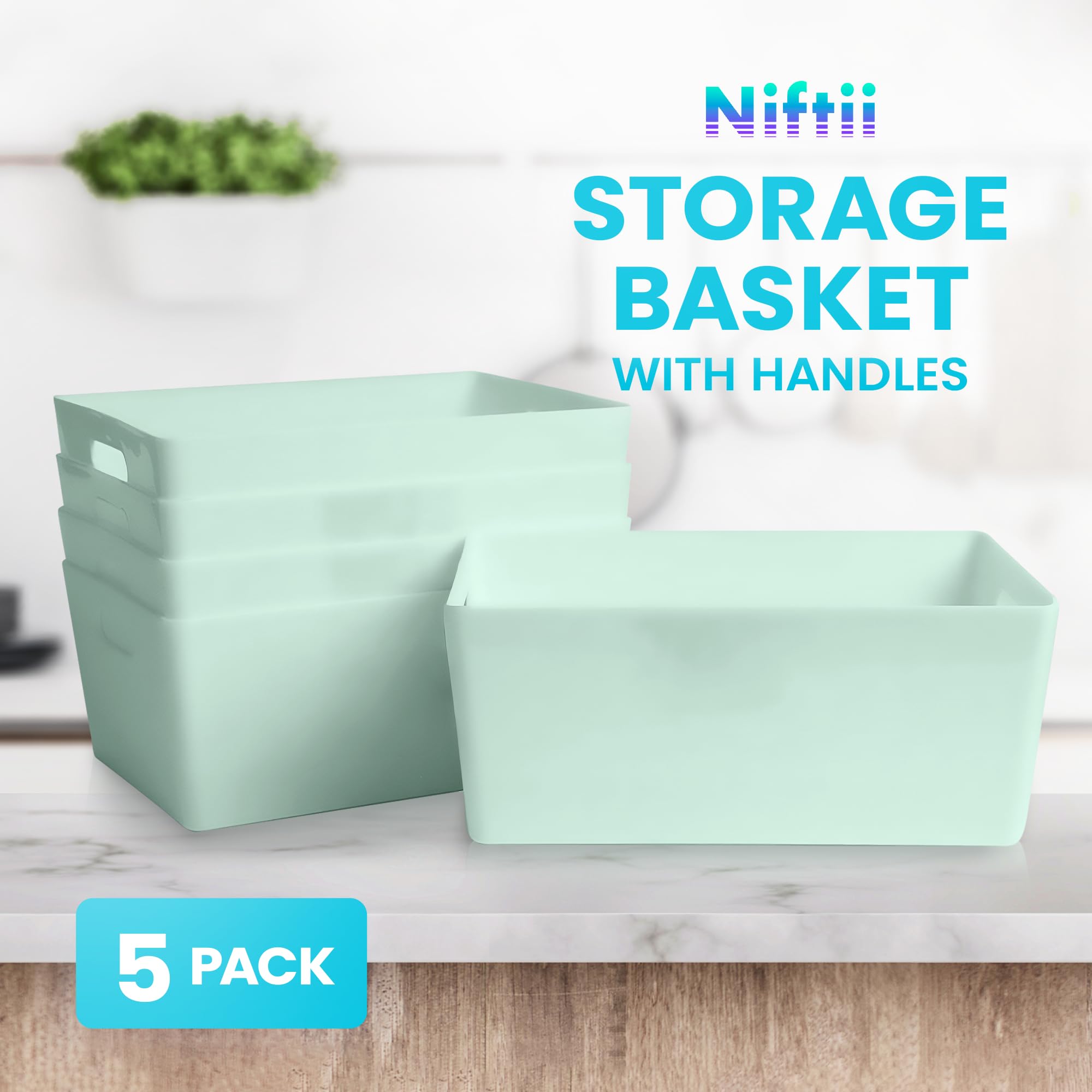 Niftii 5-Pack Plastic Shelf Baskets with Handles | 3.9L Capacity | Sage | Modern Style 3