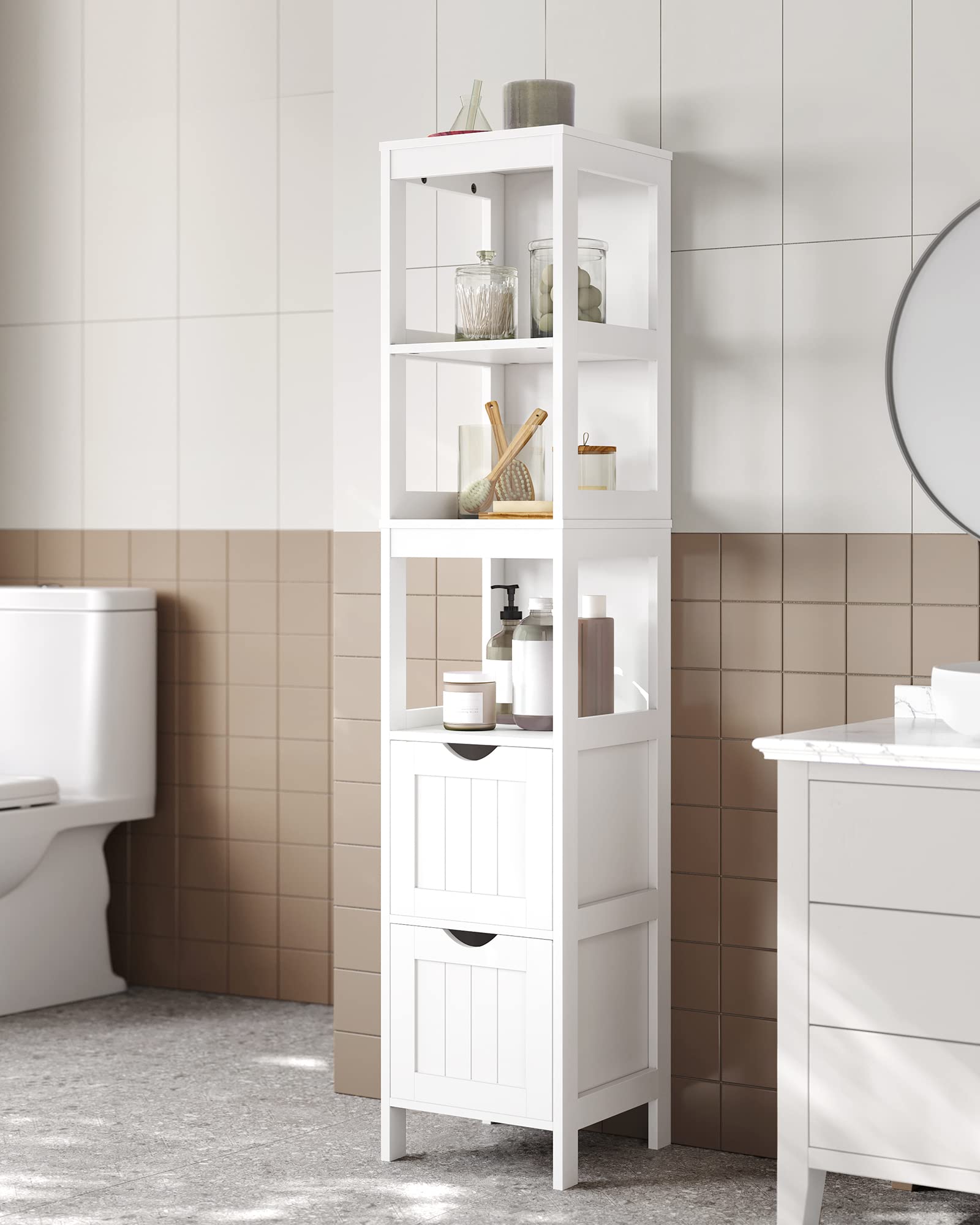 VASAGLE Bathroom Floor Cabinet - Freestanding Storage with 2 Drawers & 3 Open Shelves | White | 30x30x141.5 cm 2
