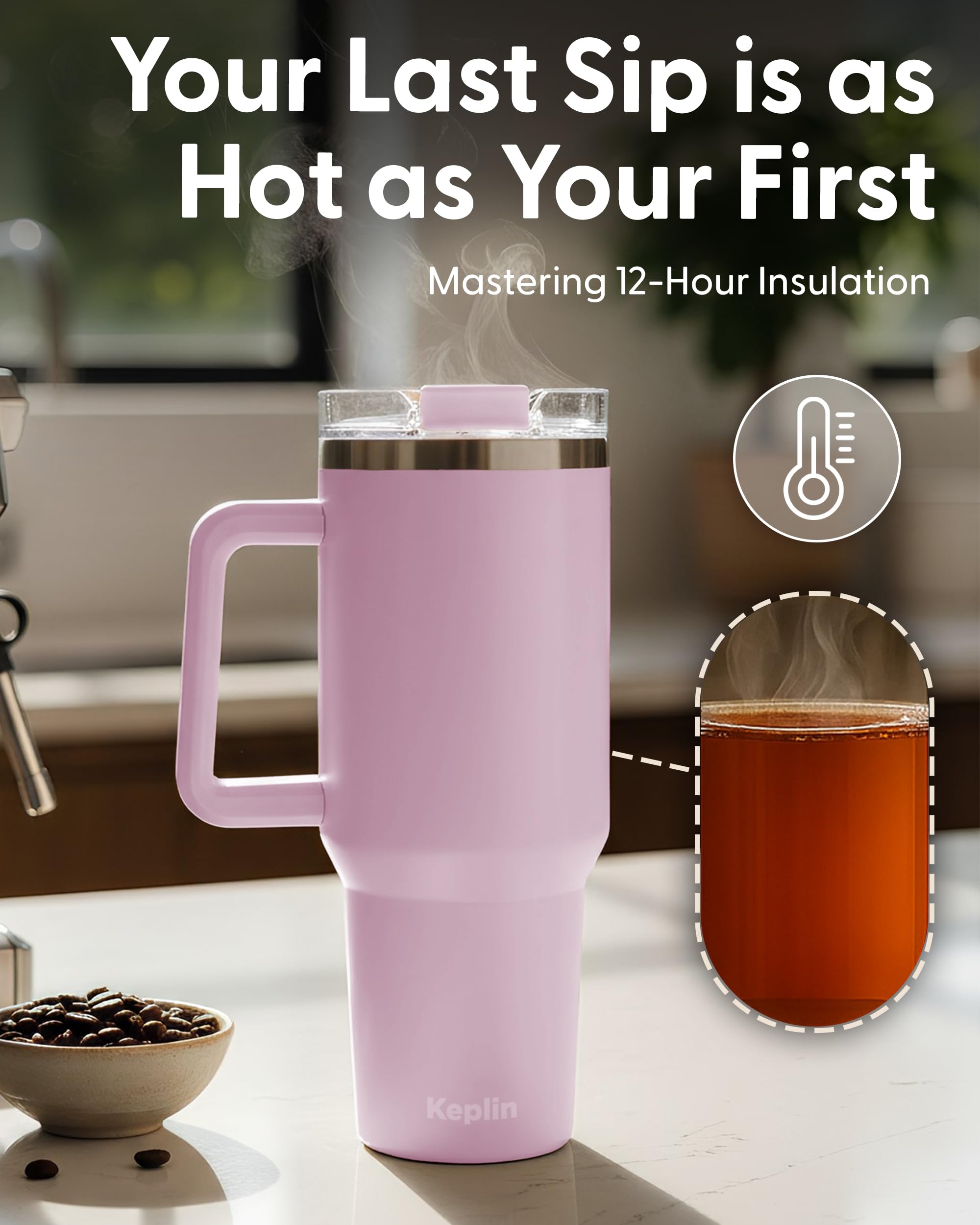 KEPLIN 40 oz / 1200 ml Insulated Travel Tumbler - Double Wall Stainless Steel | Cream Pink 7